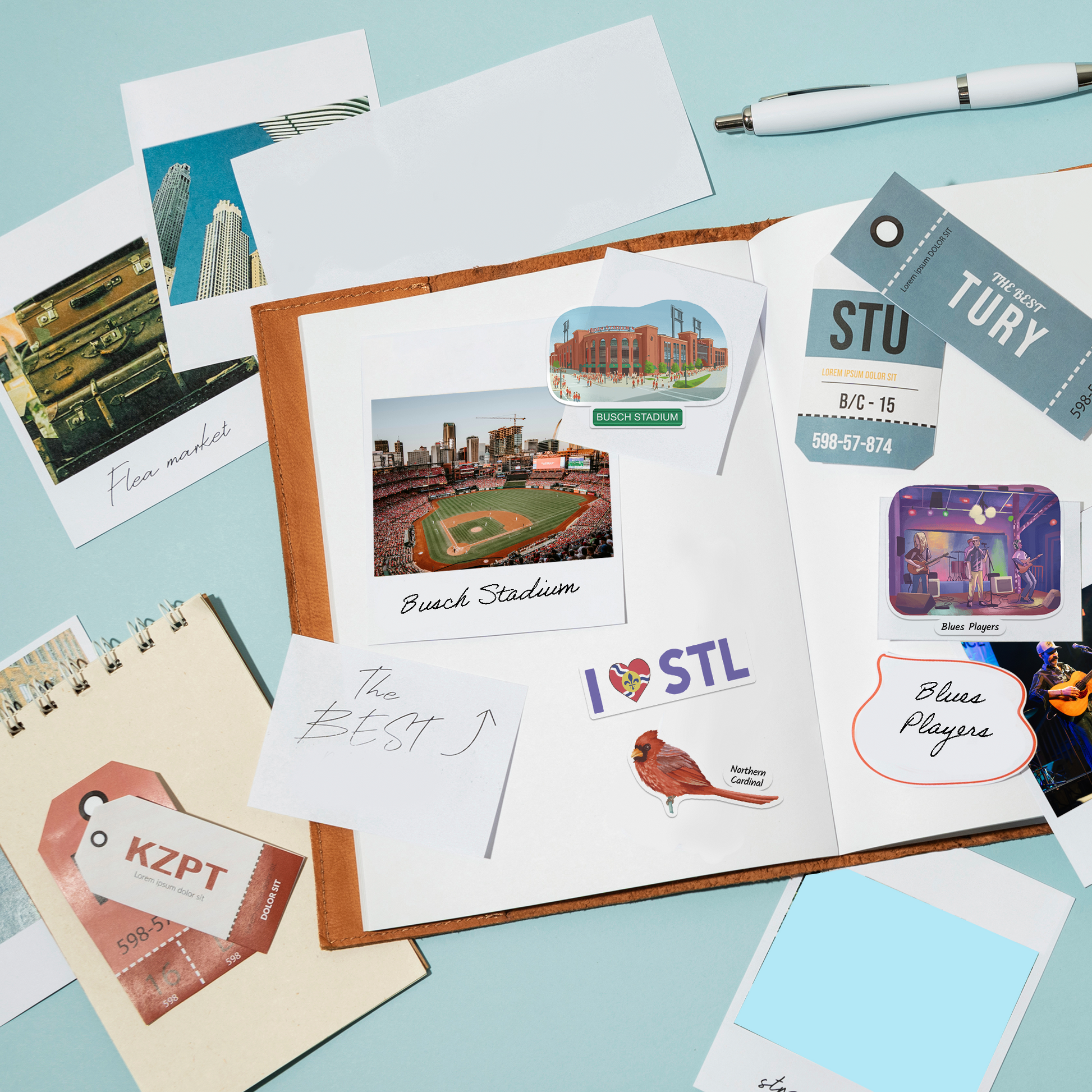 Busch Stadium, 'I love STL' badge, cardinal and blues-players stickers in a scrapbook with photos and paper tags.