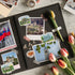 Devín Castle, the Blue Church and kapustnica stickers on a black scrapbook page with tulips and photos