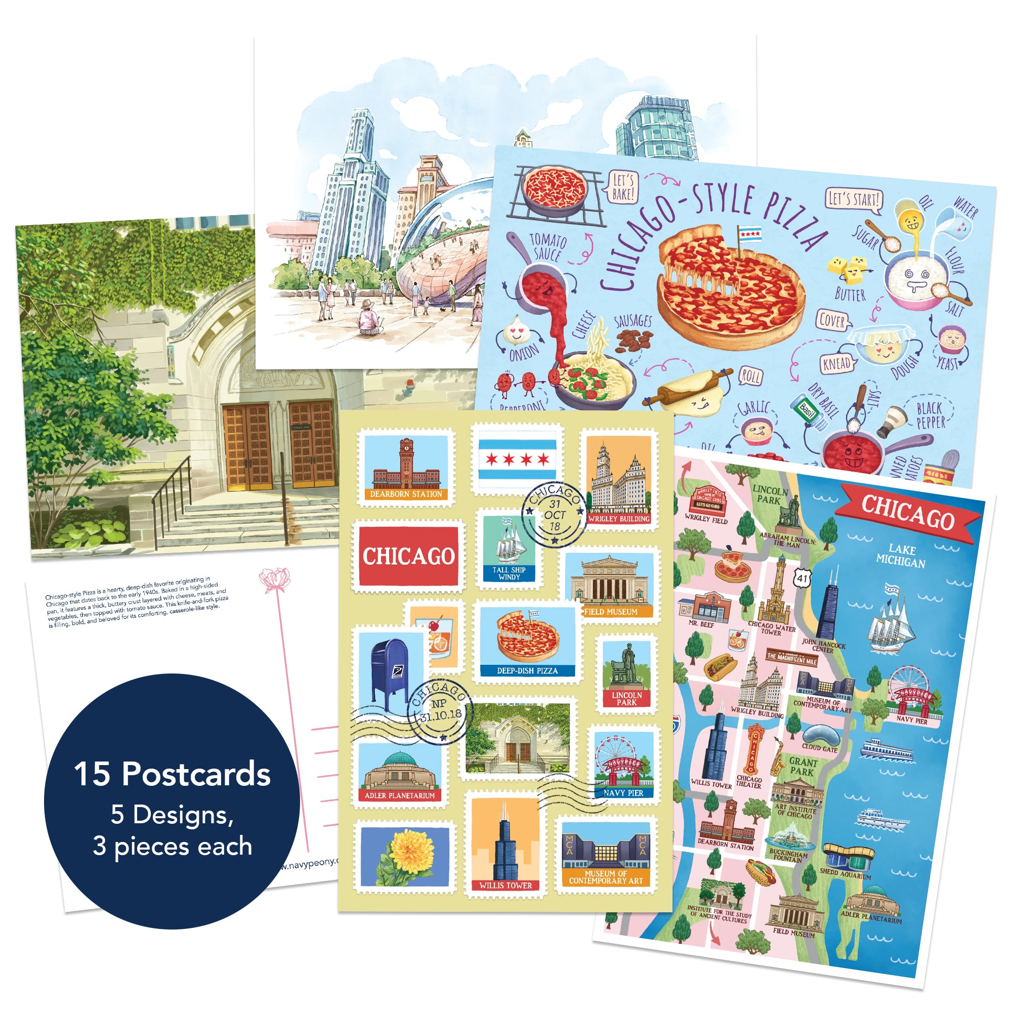 A set of illustrated Chicago postcards shown in a collage layout on a white background. The postcards feature colorful city scenes, a Chicago-style pizza design, postage stamp illustrations, and a map of Chicago.
