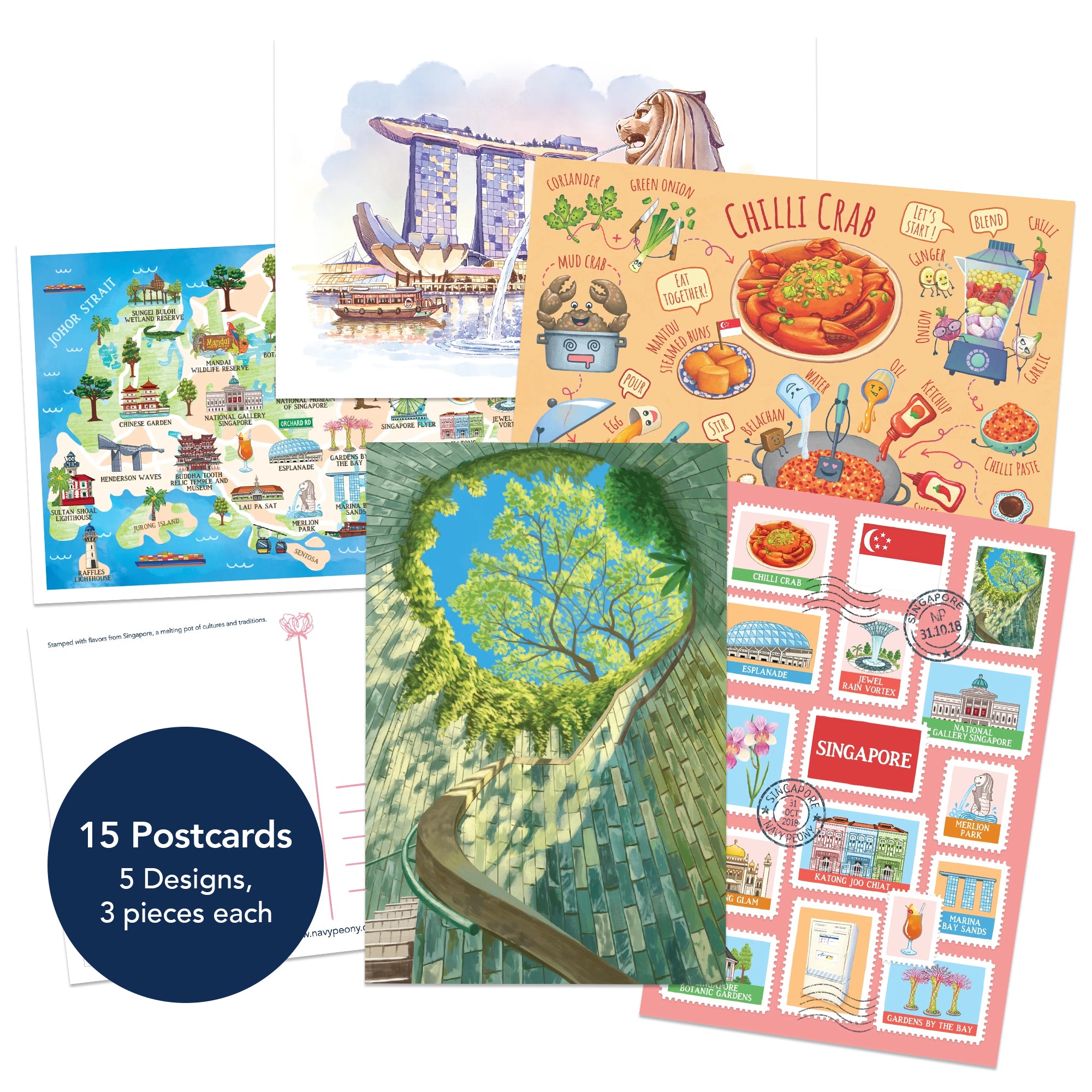 Singapore Travel Postcards 4x6 Inches, 15 Pieces, 5 Designs