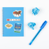 Clydesdale horses, a 'ST. LOUIS' plate, toasted ravioli and aquarium stickers on a blue spiral notebook.