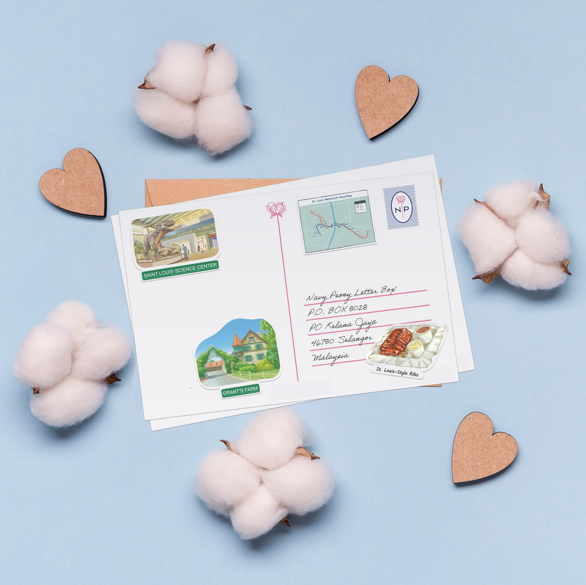 Saint Louis Science Center, MetroLink map and Grant's Farm stickers on a handwritten postcard among cotton bolls.