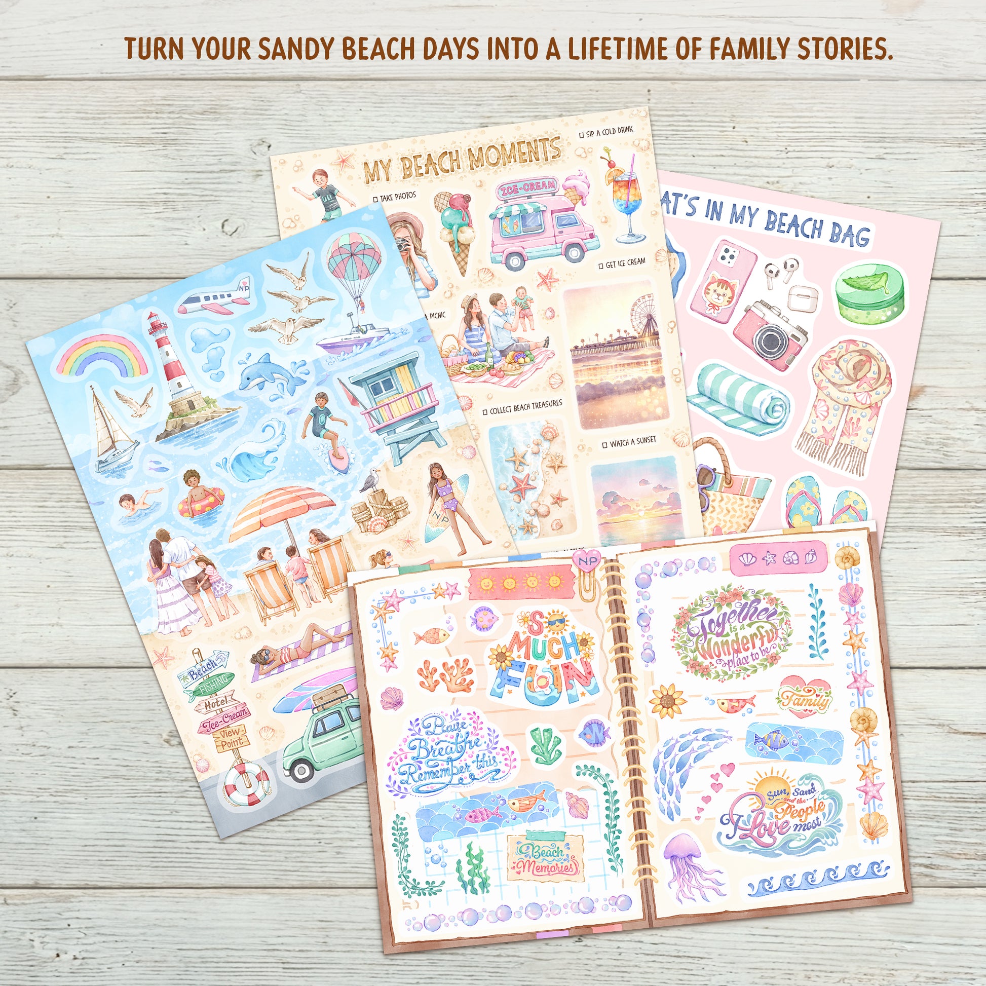 Four beach sticker sheets on white wood under the line 'Turn your sandy beach days into a lifetime of family stories'