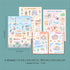 Four beach sticker sheets on a teal grid, each 7.7 by 5.5 inches, half-inch squares showing true size