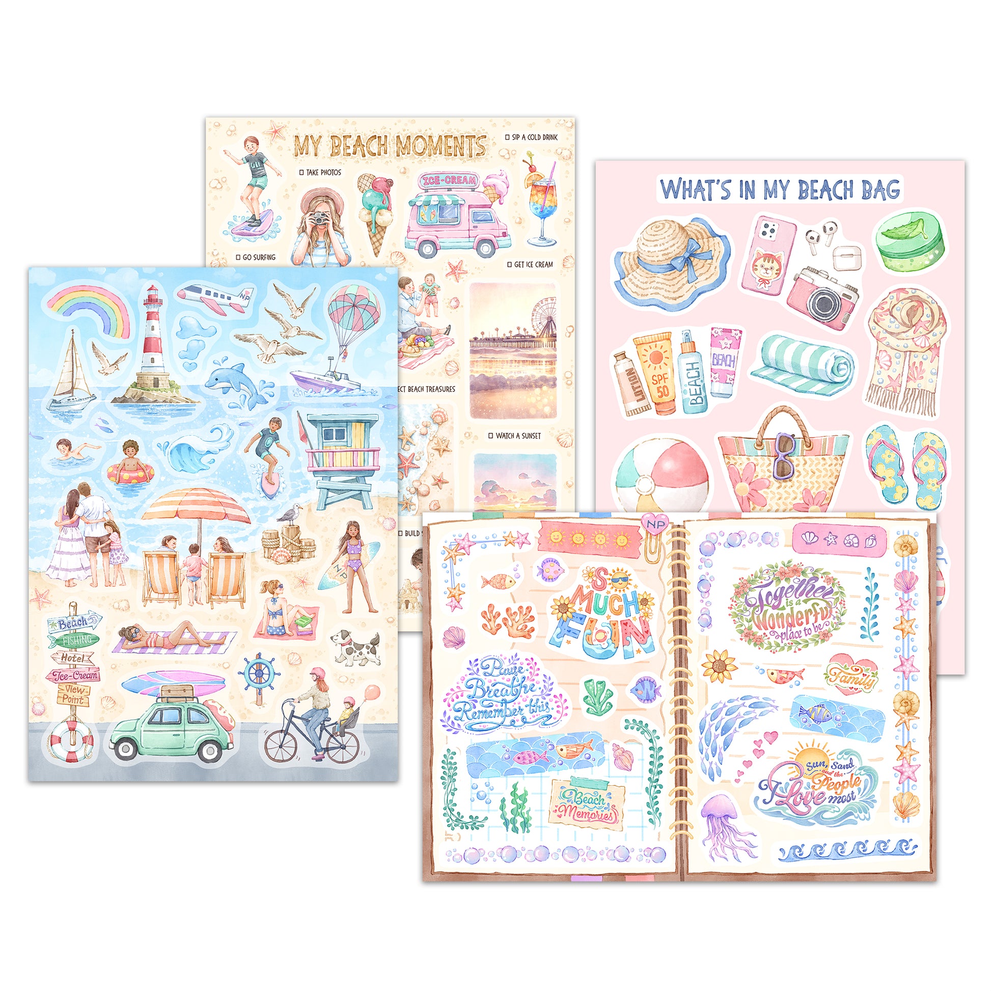 Four beach sticker sheets fanned out, headed 'My Beach Moments' and 'What's in my Beach Bag'