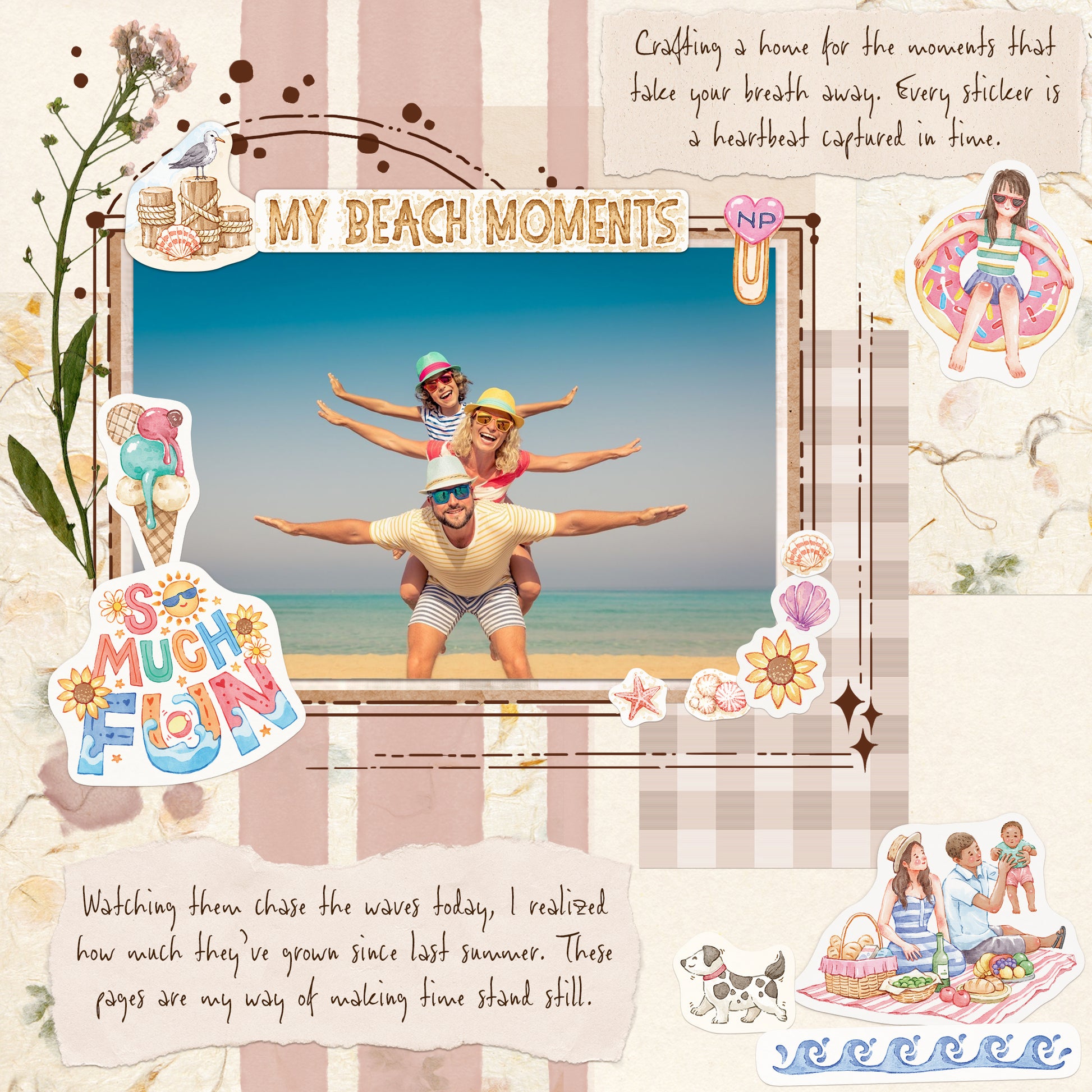 Beach stickers and quote pieces framing a family photo on a scrapbook page headed 'My Beach Moments'