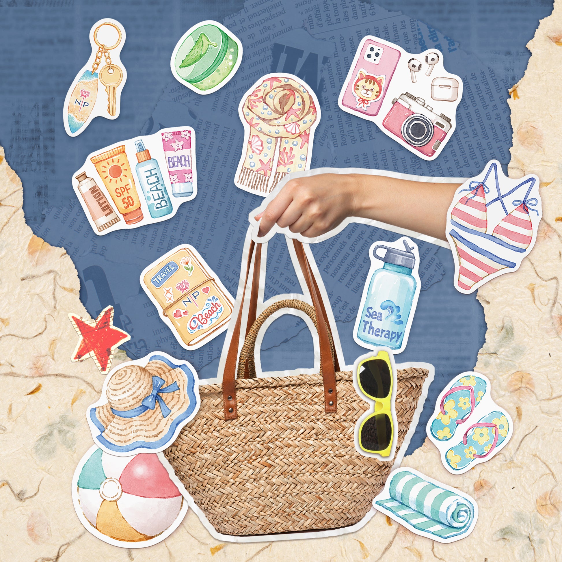 Beach bag stickers - sun hat, sunscreen, flip-flops, sunglasses and a striped towel - around a real straw tote