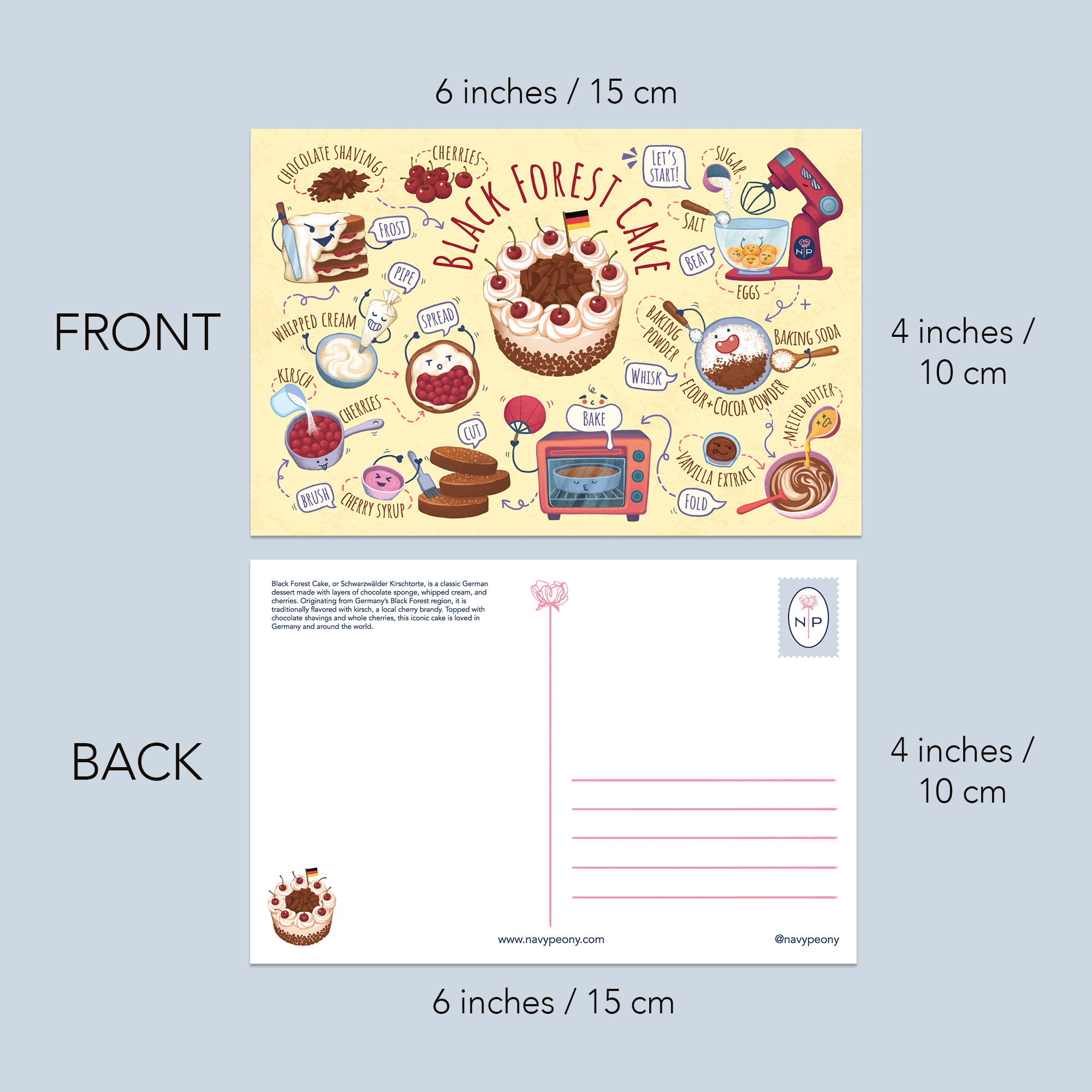 A postcard set shown front and back on a light gray background, with dimensions labeled around it. The front features a colorful illustrated black forest cake with baking-themed drawings and text.