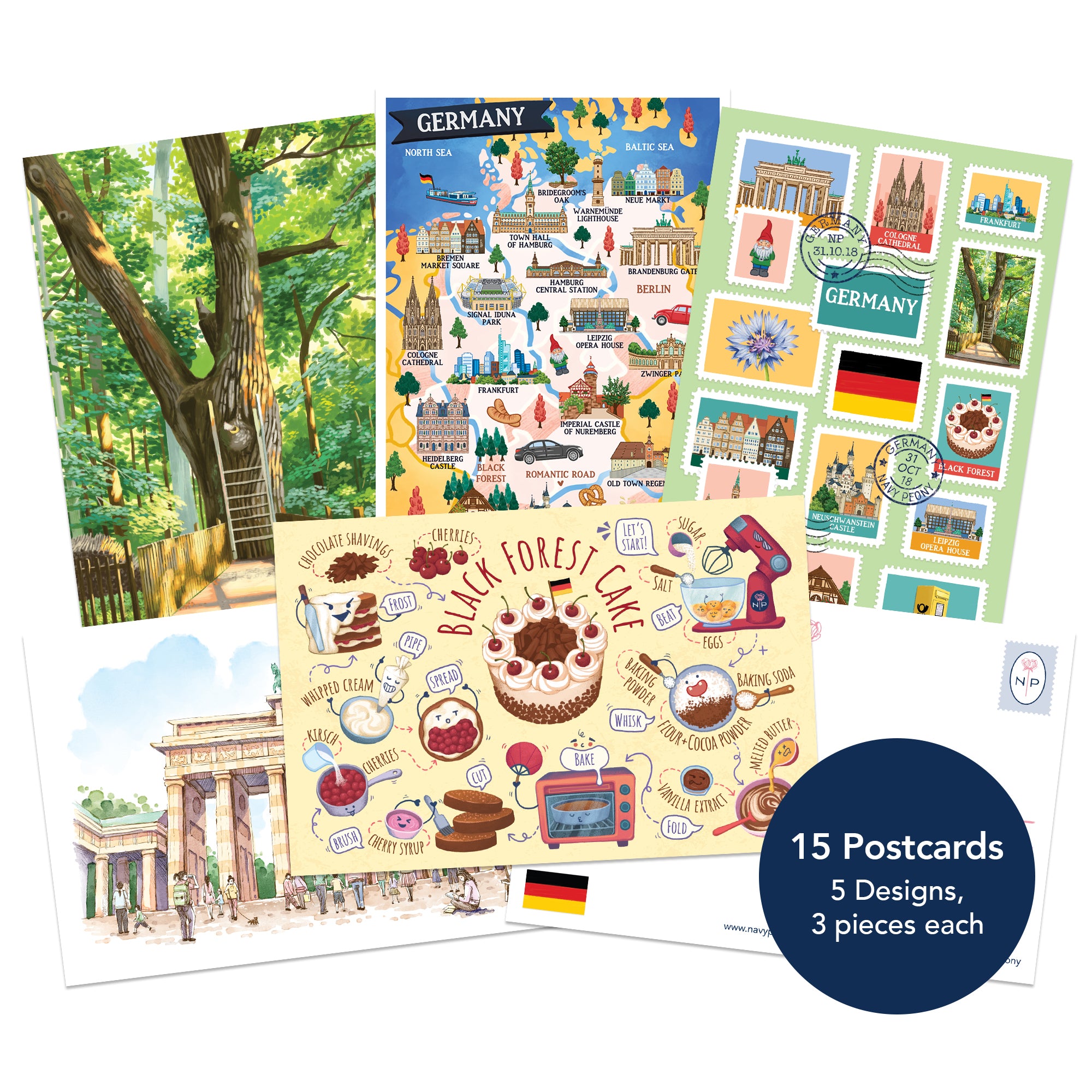 A set of Germany-themed postcards displayed in a fan arrangement on a white background. The postcards feature illustrated designs including a forest path, a colorful map of Berlin, postage stamps, a classical building scene, and a black forest cake recipe card.