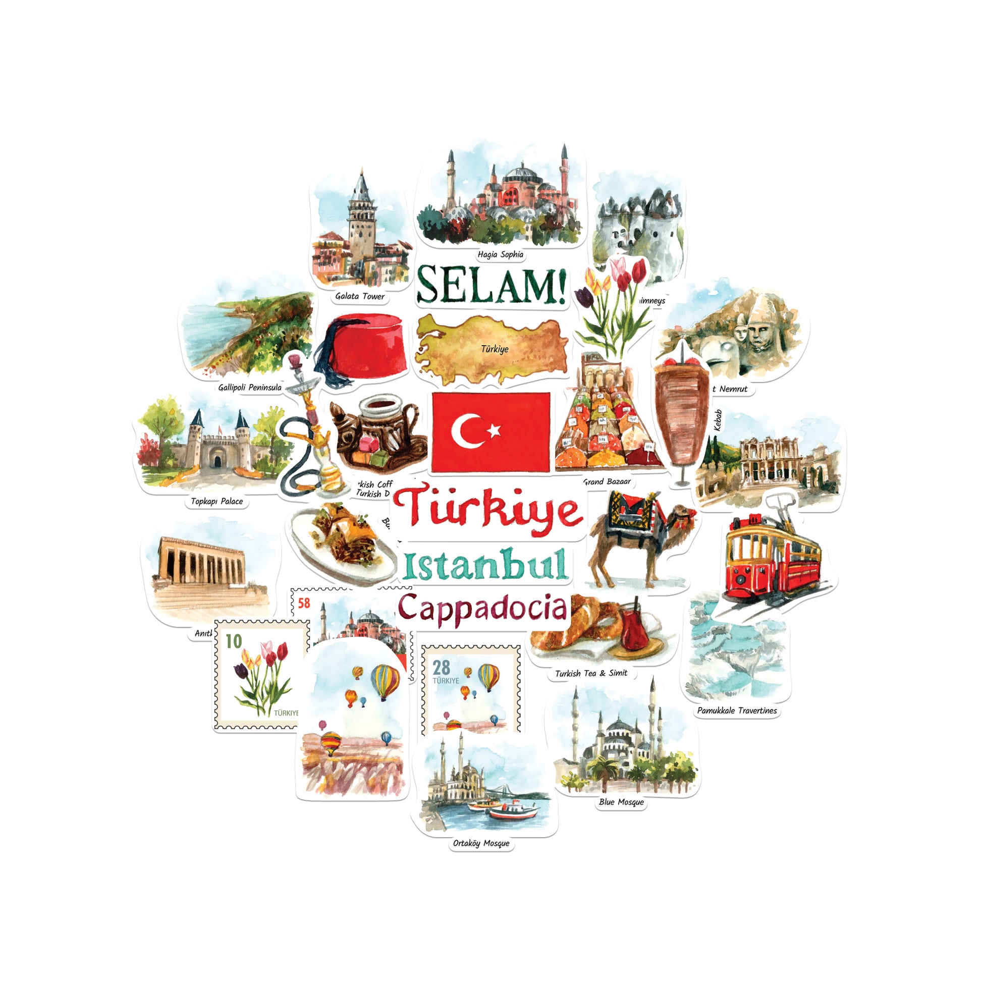 Hagia Sophia, Galata Tower, Blue Mosque, Cappadocia balloons and kebab stickers clustered on white