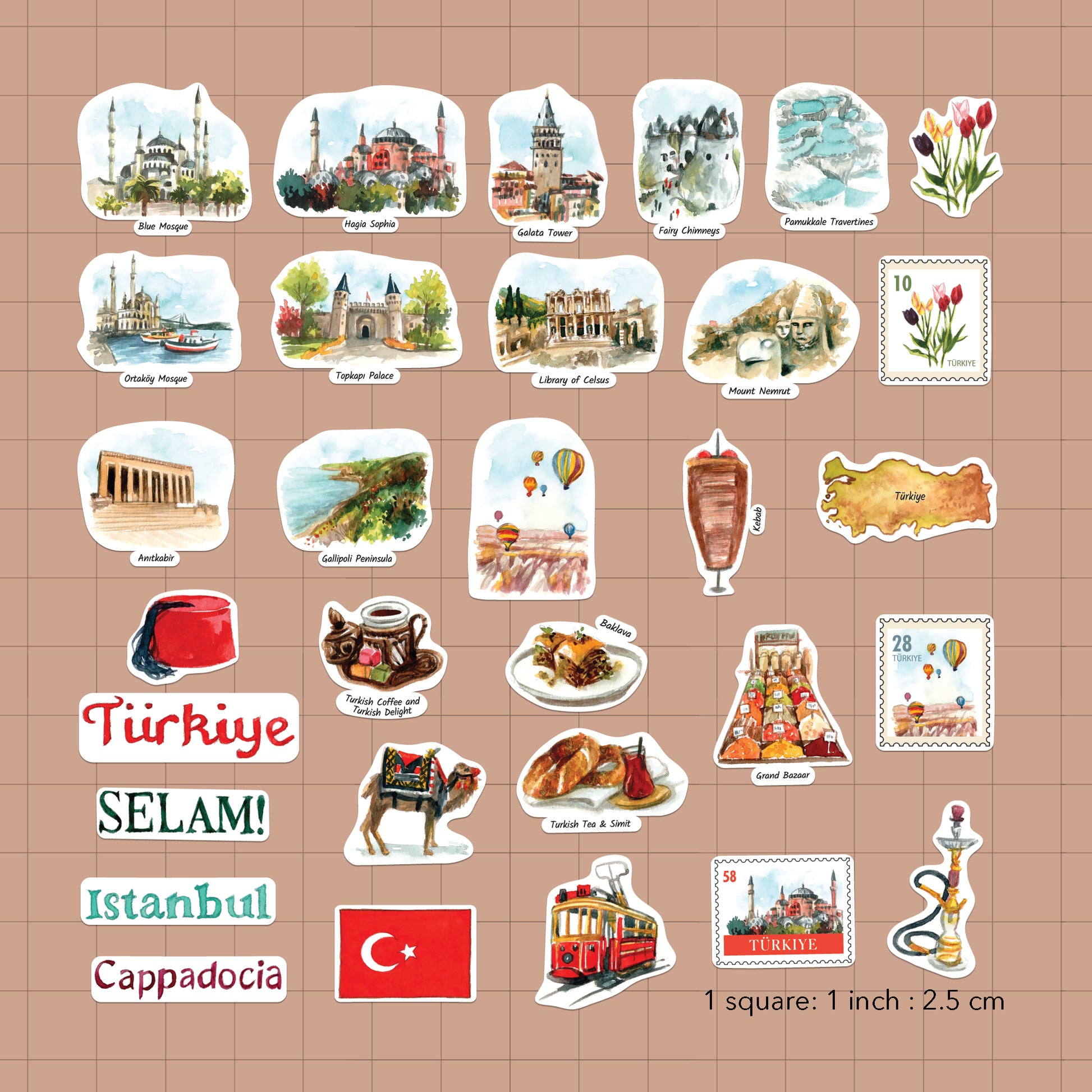 The uncut Turkiye sticker sheet on a terracotta grid, one inch per square, sizing mosques, tram and baklava