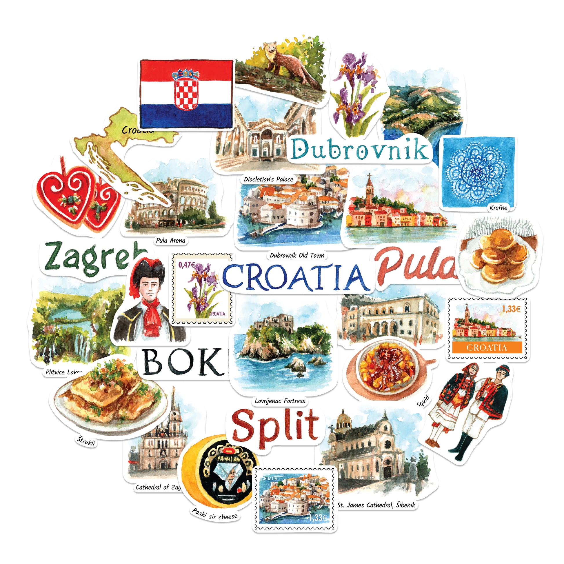 Dubrovnik Old Town, Plitvice Lakes, licitar hearts, 'Zagreb' and 'CROATIA' stickers in a round cluster
