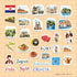 The uncut Croatia sticker sheet on a peach grid backing, one inch per square, with Pula Arena and Zlatni Rat