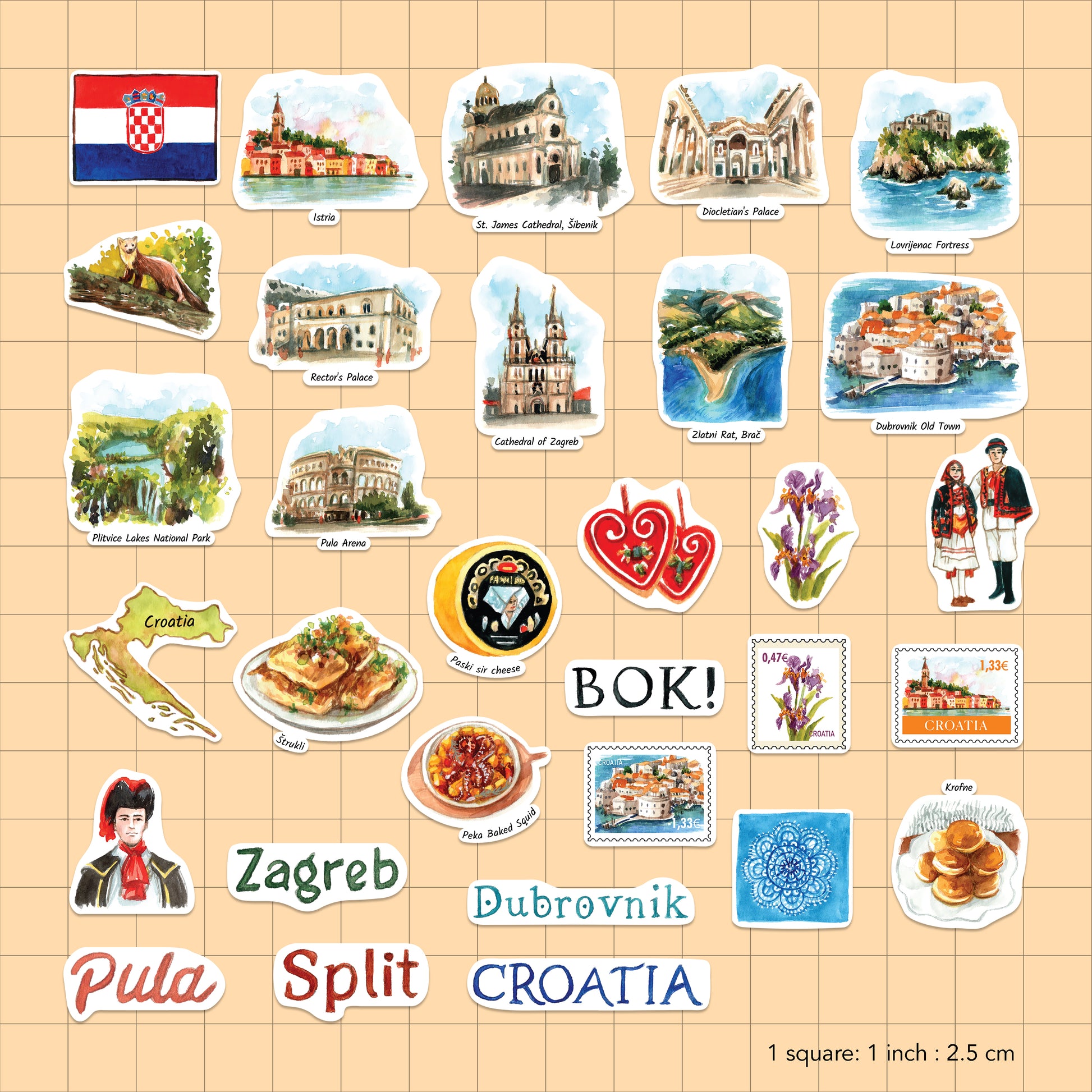 The uncut Croatia sticker sheet on a peach grid backing, one inch per square, with Pula Arena and Zlatni Rat