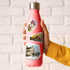 Iris, pine marten and St James Cathedral stickers on a coral pink insulated water bottle