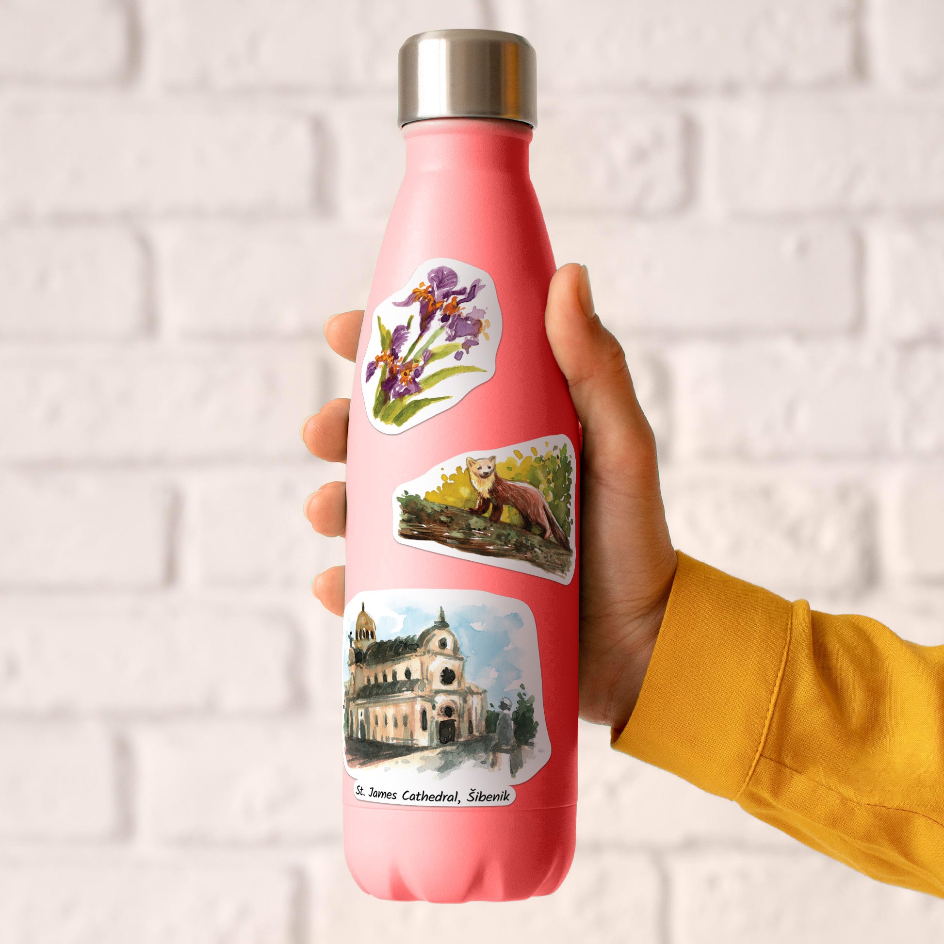 Iris, pine marten and St James Cathedral stickers on a coral pink insulated water bottle