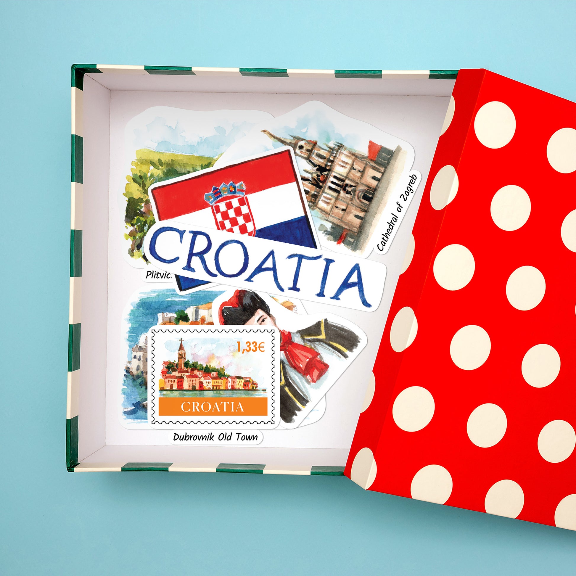 'CROATIA', Croatian flag, Plitvice and Dubrovnik Old Town stickers in a red polka-dot gift box
