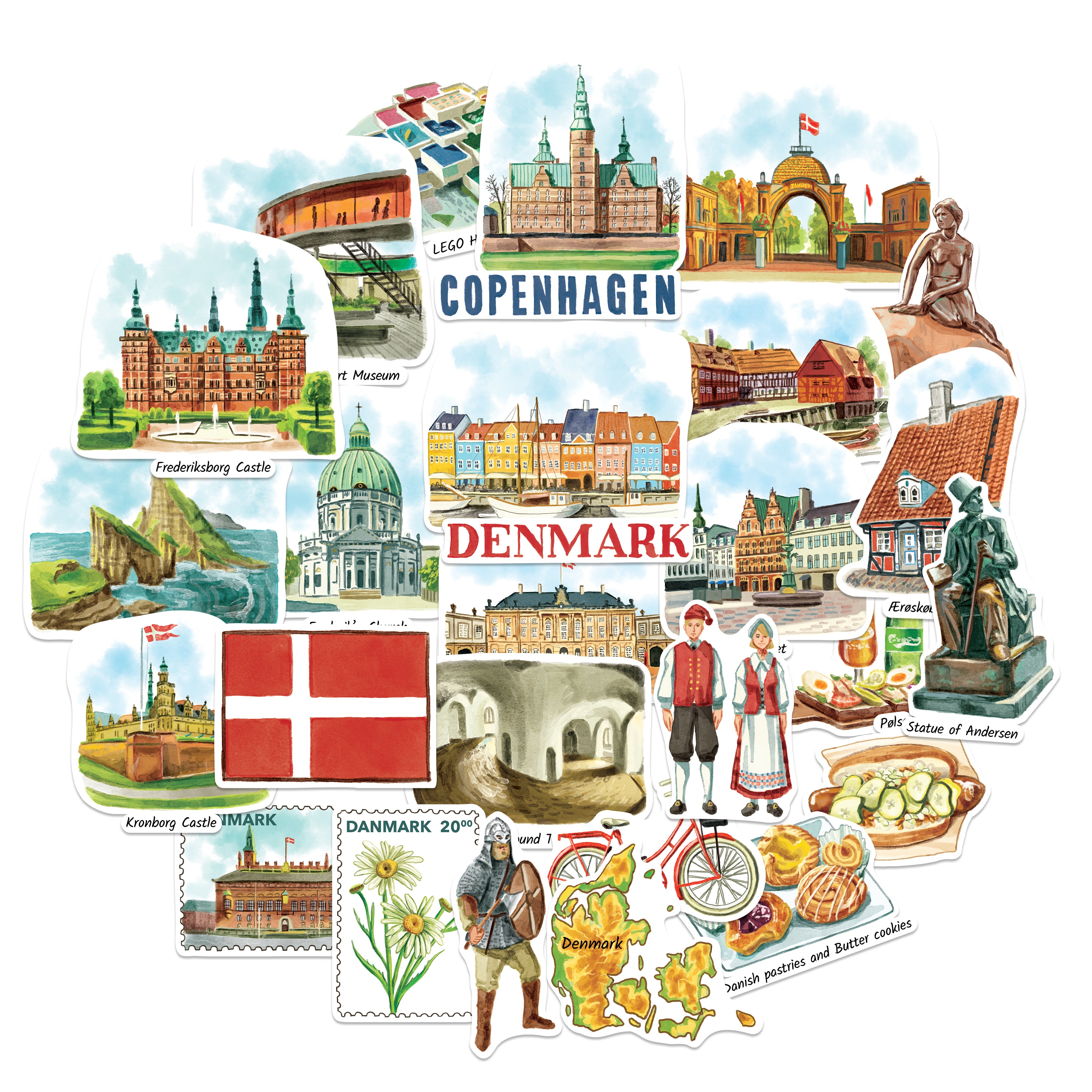 A collage of illustrated Copenhagen and Denmark travel stickers on a white background, featuring landmarks, the Danish flag, people in traditional clothing, food, maps, and stamps.