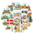 A collage of illustrated Copenhagen and Denmark travel stickers on a white background, featuring landmarks, the Danish flag, people in traditional clothing, food, maps, and stamps.