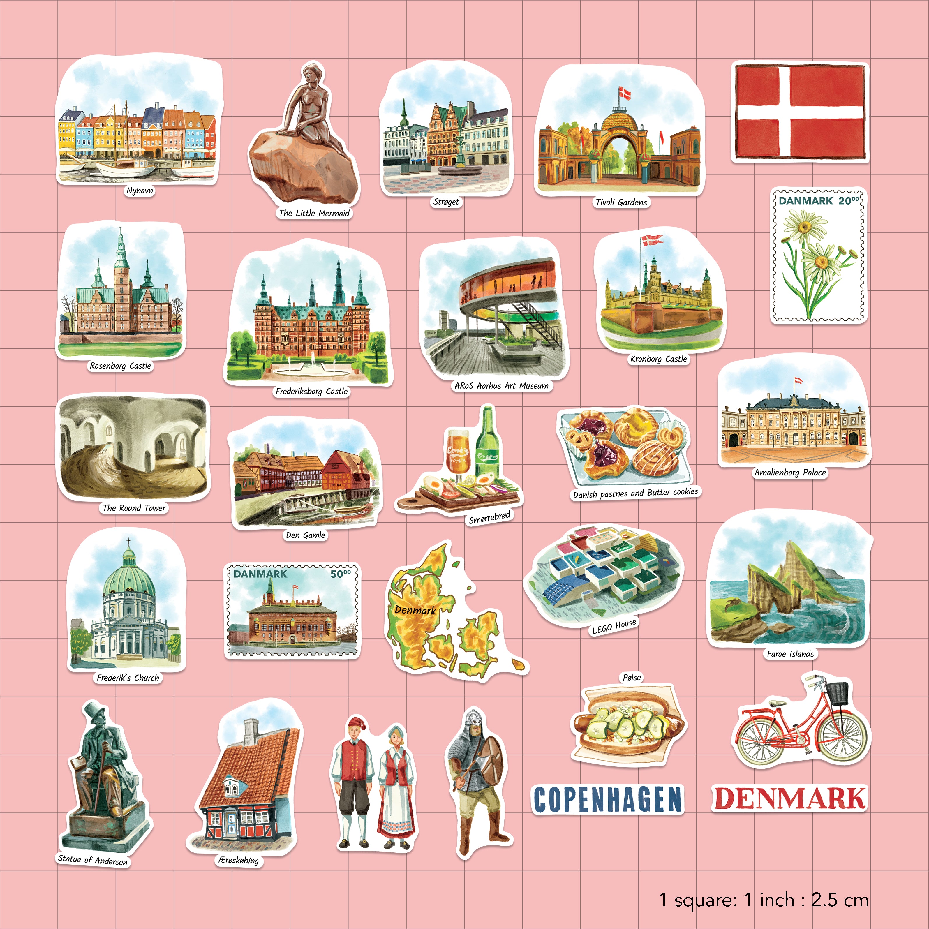 A sheet of Copenhagen-themed die-cut stickers arranged on a pink grid background. The stickers feature illustrations of Danish landmarks, food, people, a bicycle, a flag, a stamp, and small maps, with text labels such as Amalienborg Castle, Tivoli Gardens, Danish Flag, and Copenhagen / Denmark.