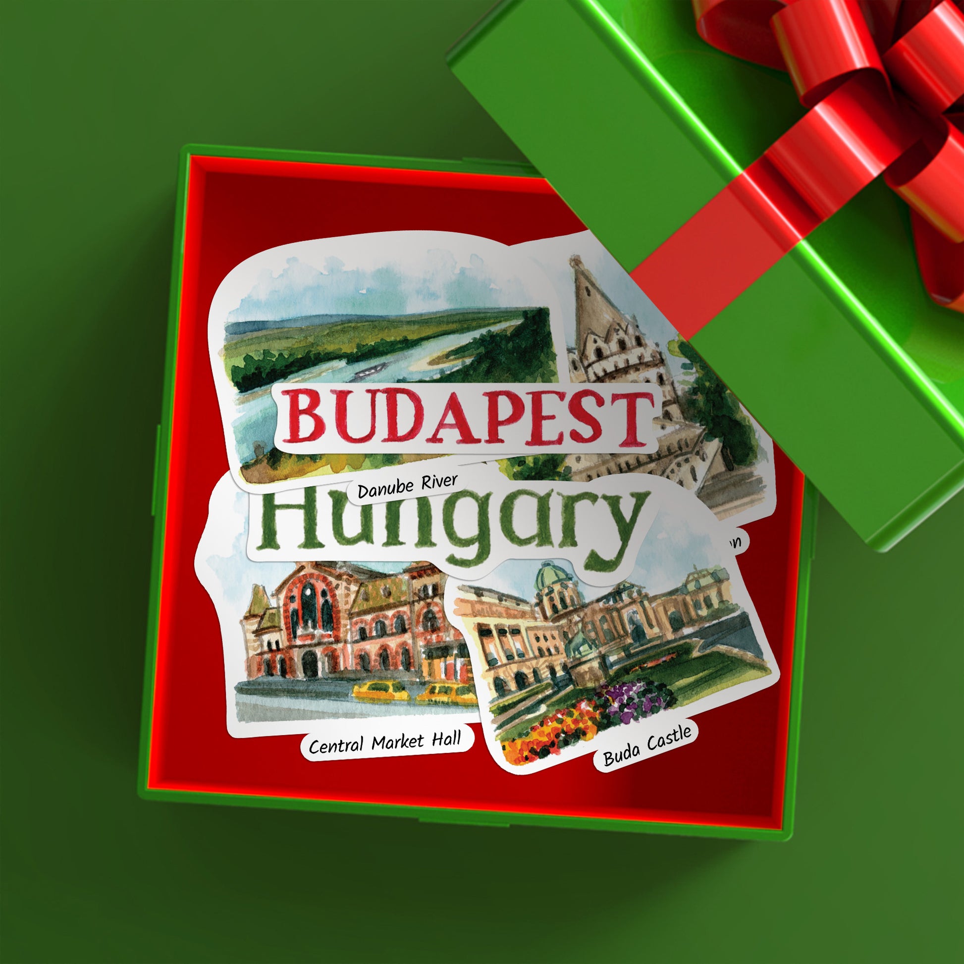 BUDAPEST, Hungary, Danube River, Central Market Hall and Buda Castle stickers in an open green gift box