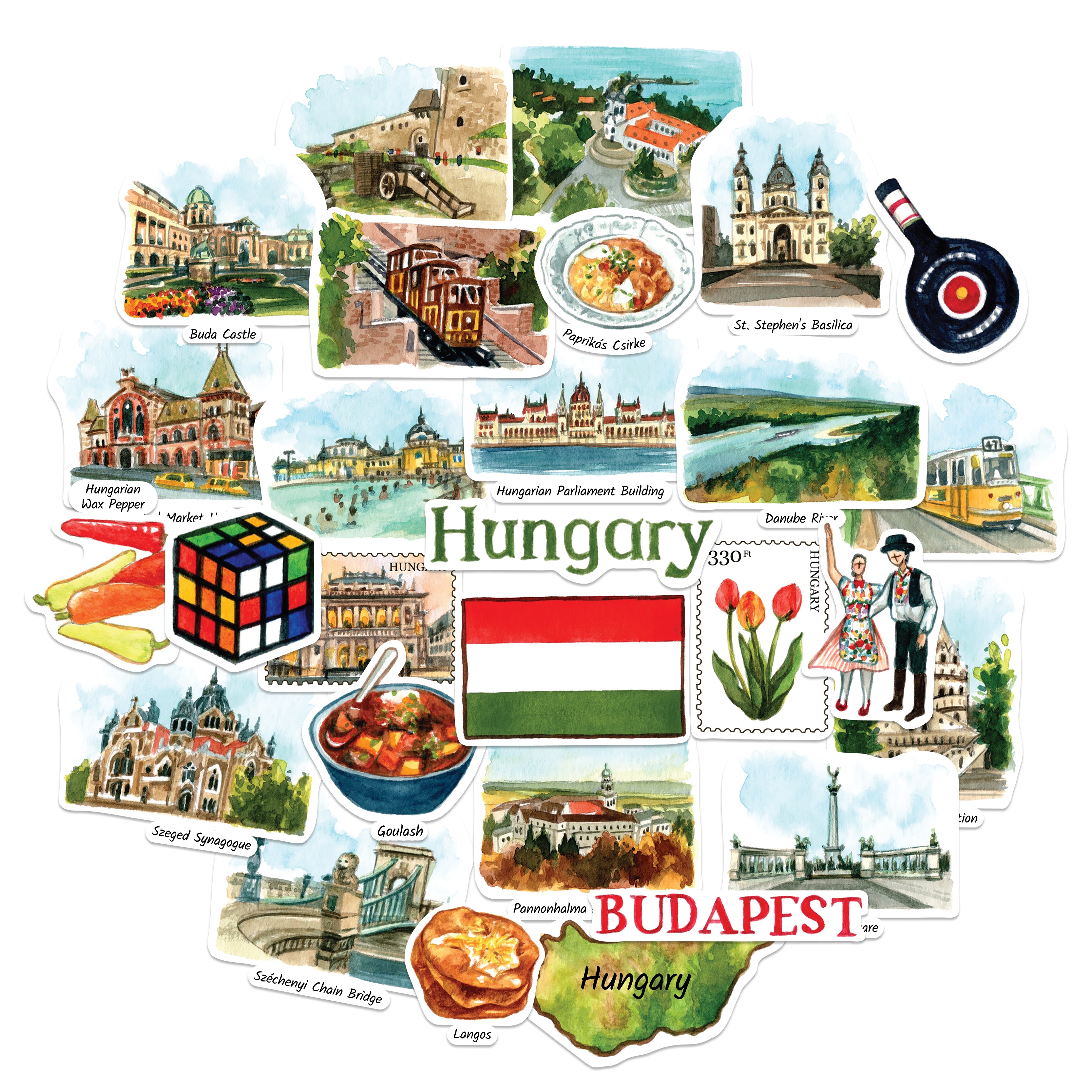 Watercolor Hungary stickers fanned out: Buda Castle, Parliament, Chain Bridge, goulash and a red BUDAPEST label