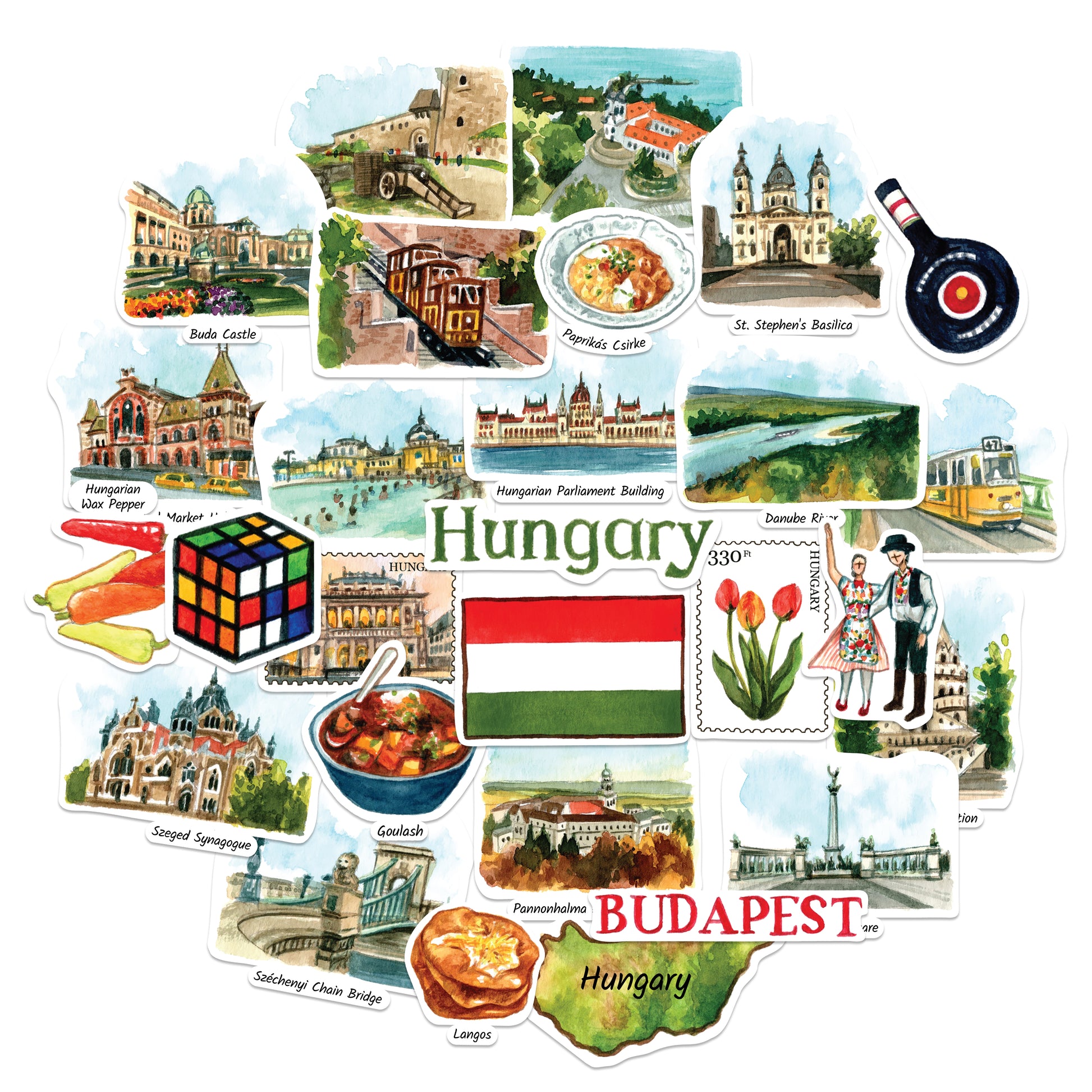 Watercolor Hungary stickers fanned out: Buda Castle, Parliament, Chain Bridge, goulash and a red BUDAPEST label