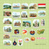 The uncut Hungary sticker sheet on a green grid backing, one inch per square, showing each die-cut piece at true size