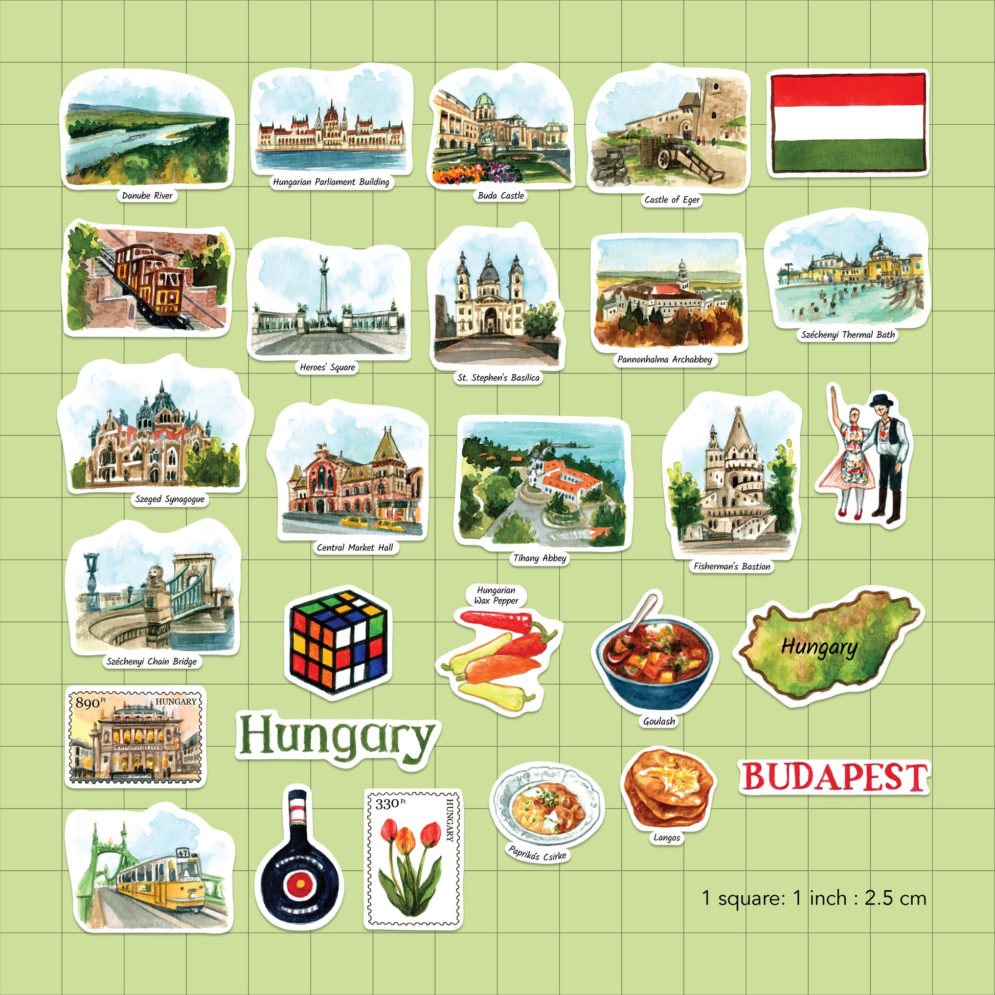 The uncut Hungary sticker sheet on a green grid backing, one inch per square, showing each die-cut piece at true size