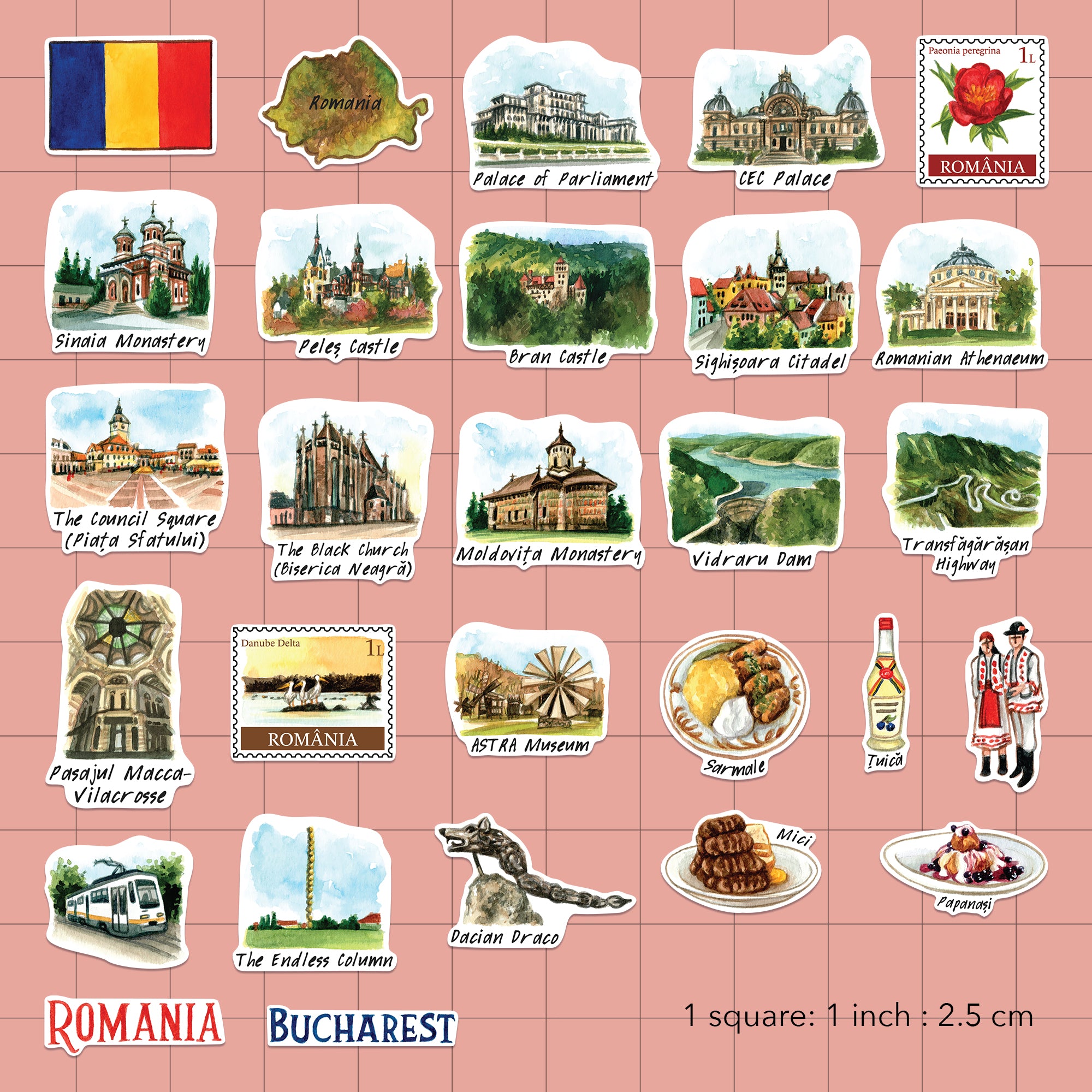 Remarkable Romania Travel Stickers (28pcs)