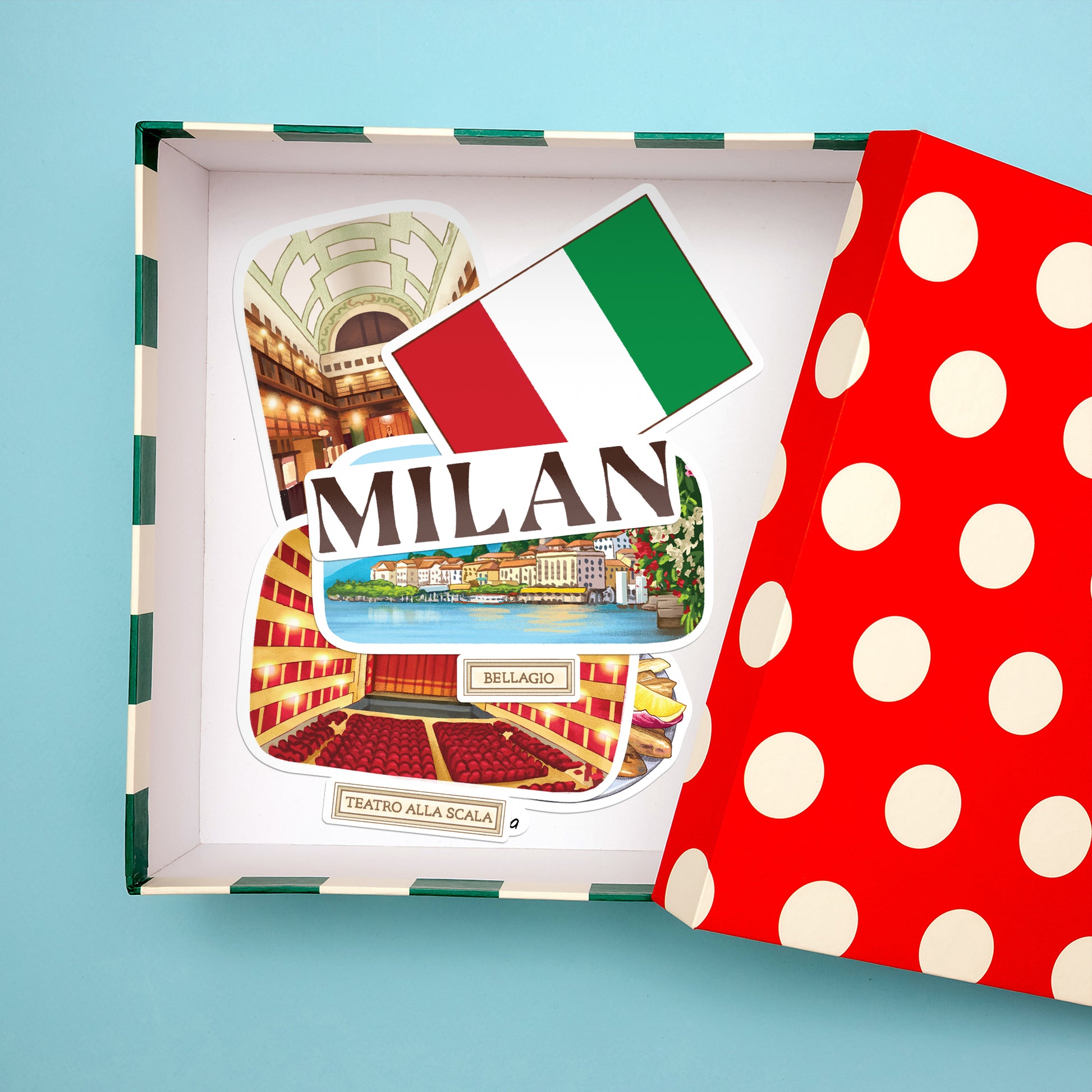 "MILAN", Italian flag and Teatro alla Scala stickers in an open gift box with a red polka-dot lid