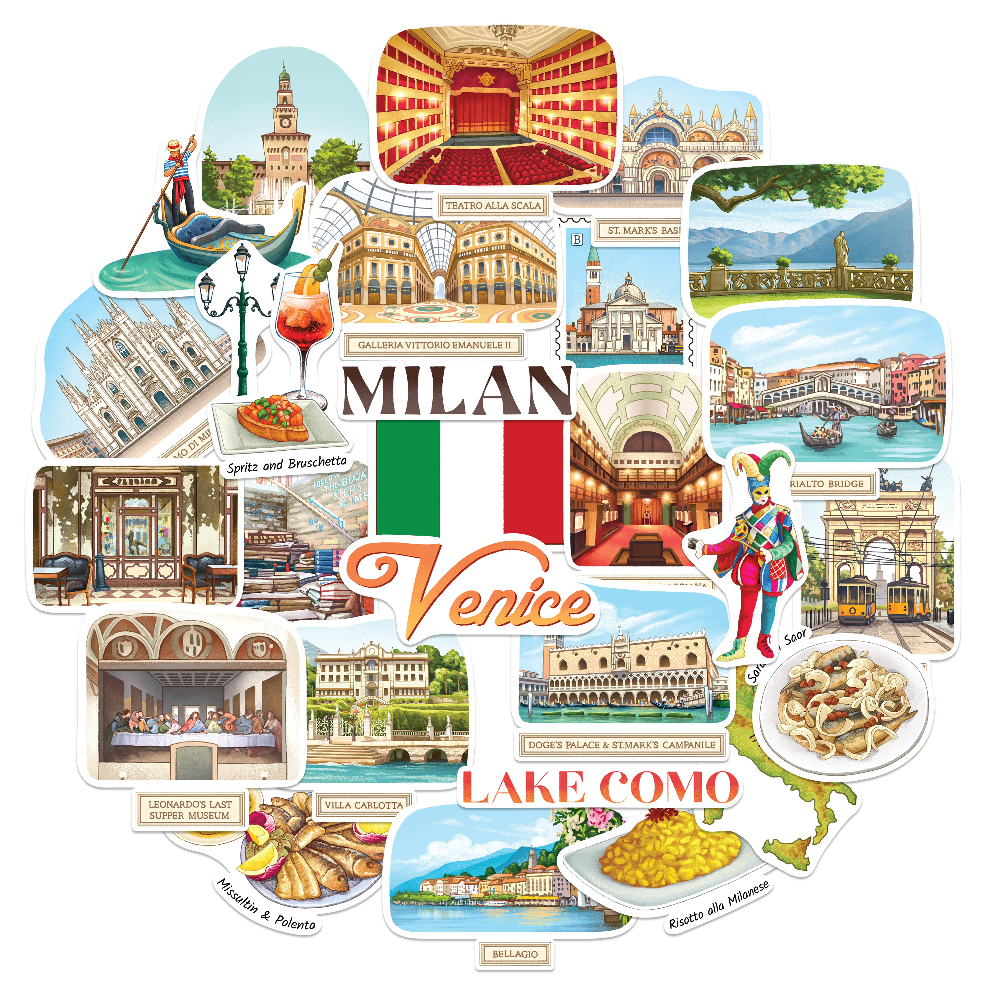 Duomo di Milano, Teatro alla Scala, Rialto Bridge and gondolier stickers clustered around an Italian flag