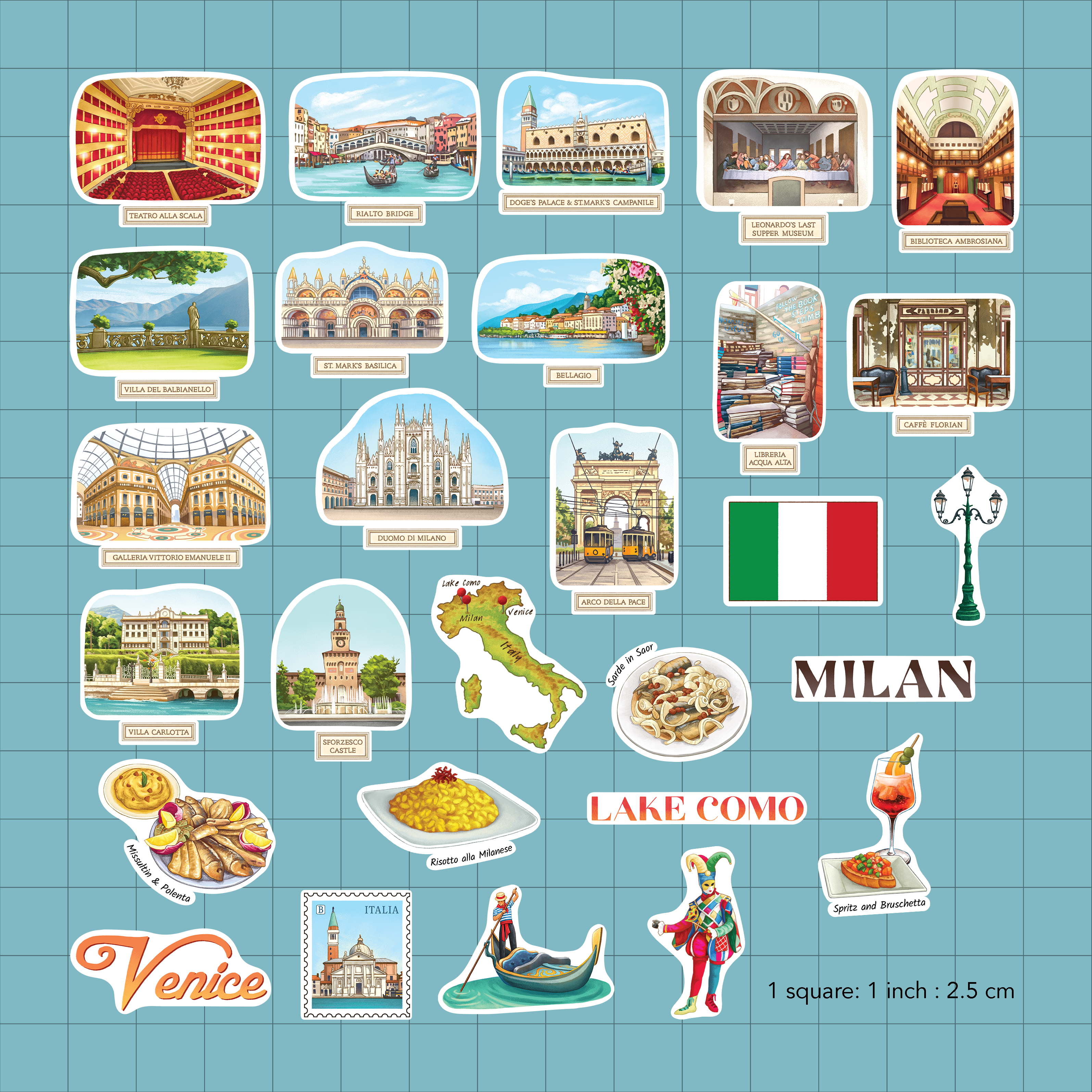 The full Northern Italy sticker set on a blue one-inch grid: Duomo, St Mark’s Basilica, Bellagio, risotto