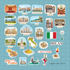 The full Northern Italy sticker set on a blue one-inch grid: Duomo, St Mark’s Basilica, Bellagio, risotto