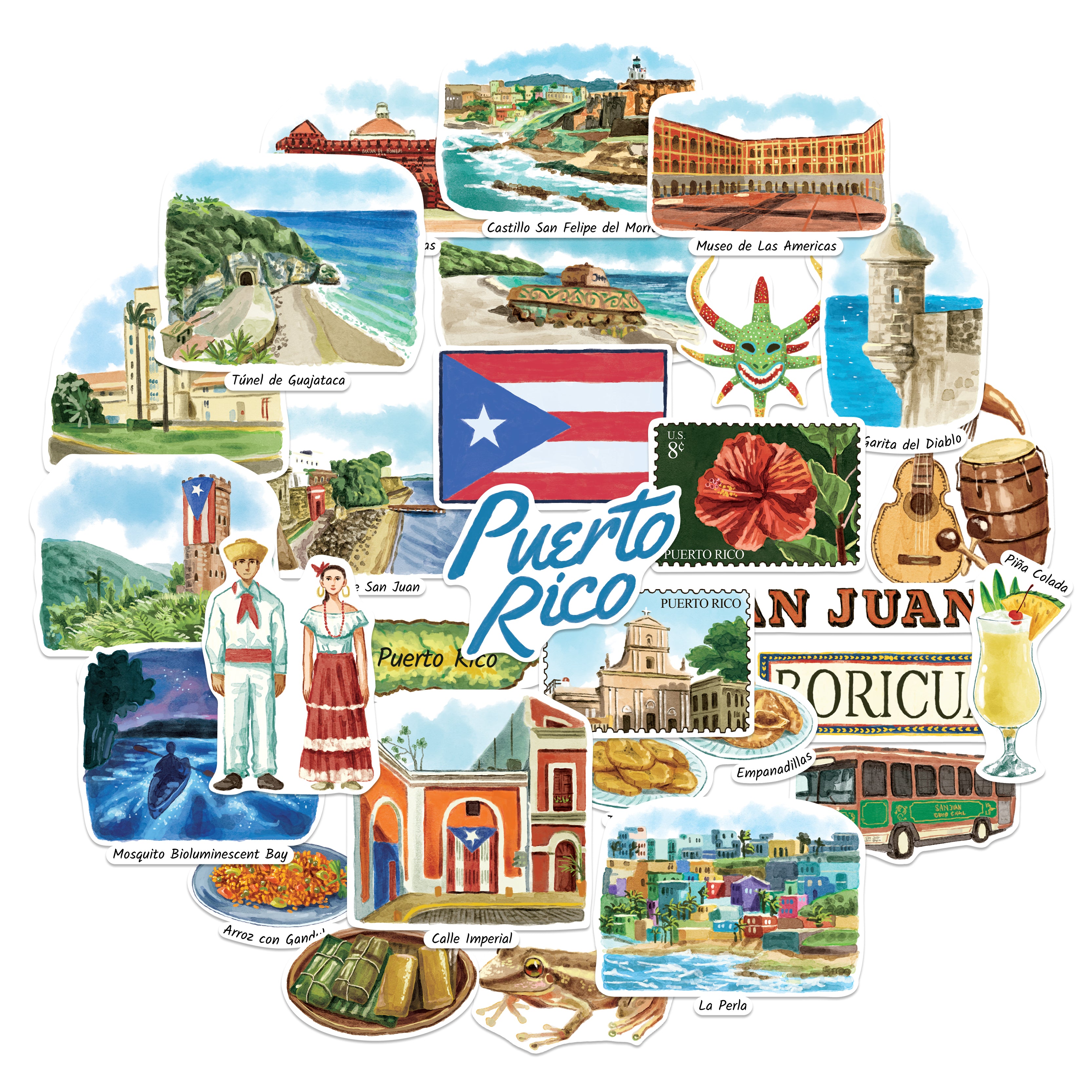 A collage of illustrated Puerto Rico travel stickers or decal designs arranged in a circular cluster on a white background, featuring landmarks, people, food, a bus, a cocktail, and the Puerto Rico and San Juan flags.