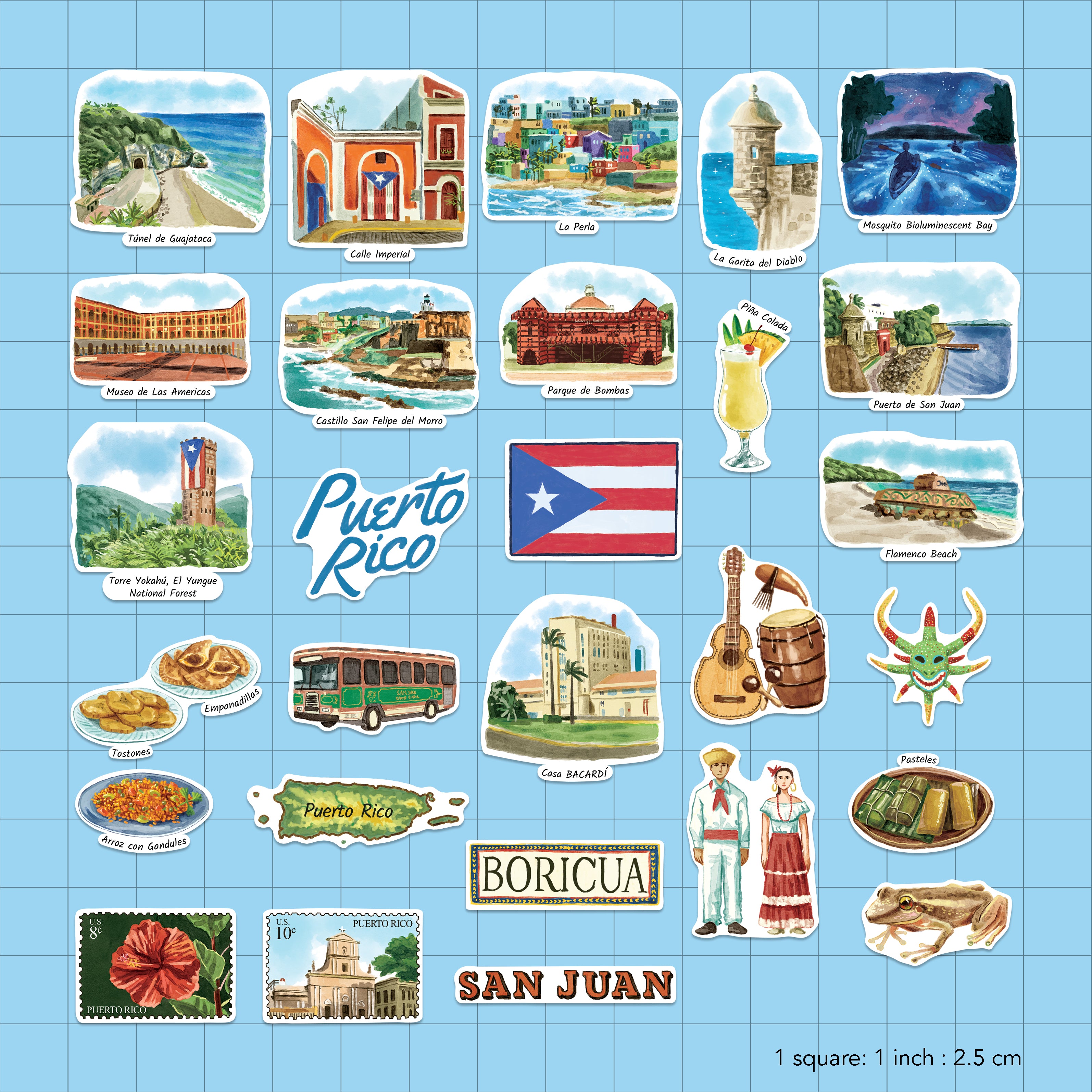 A sheet of Puerto Rico and San Juan themed stickers arranged on a light blue grid background. The stickers include illustrations of landmarks, food, music instruments, people, a Puerto Rican flag, a bus, a flower in a stamp design, and text labels such as 'Puerto Rico,' 'San Juan,' and 'Borica.