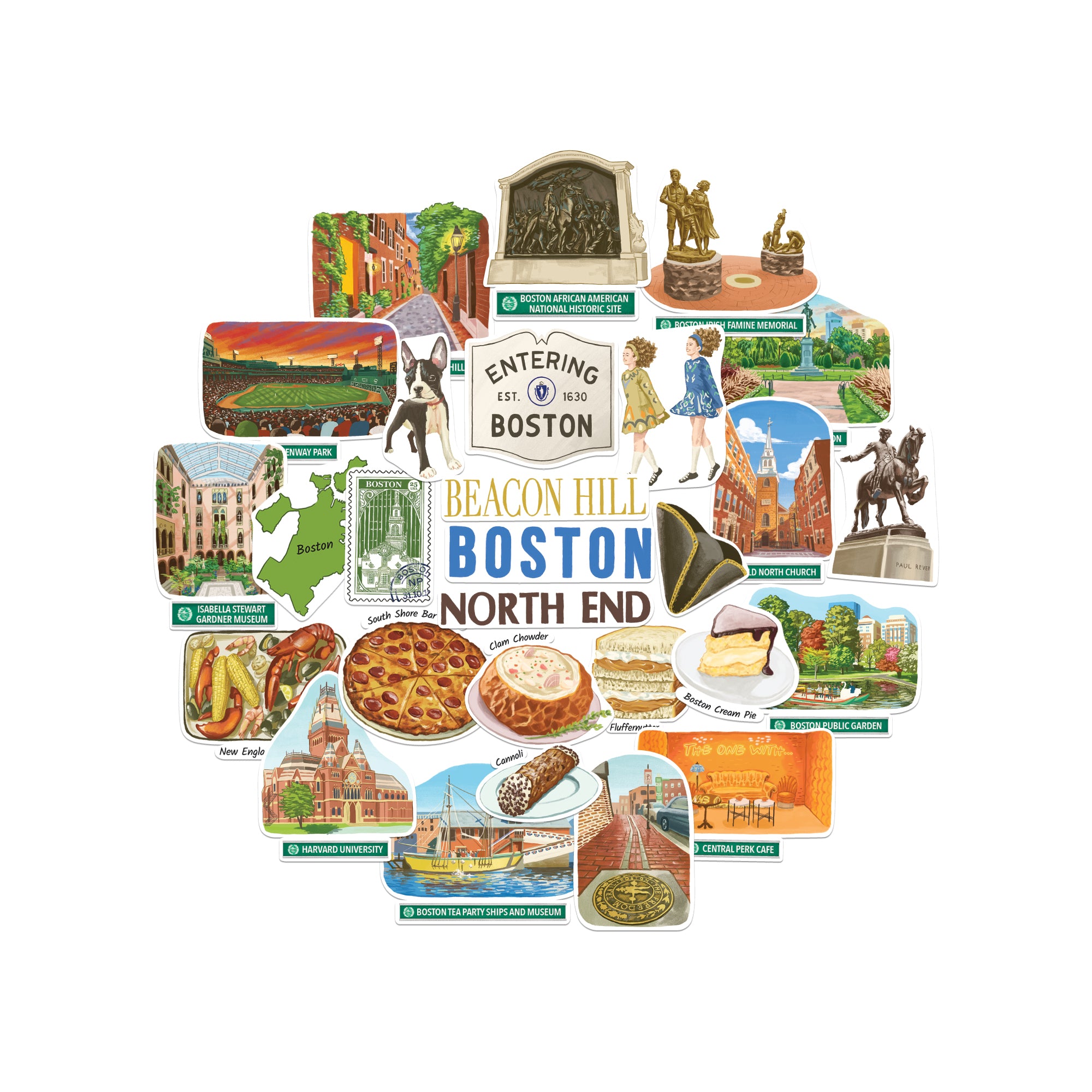 Overlapping die-cut Boston stickers: Fenway Park, Old North Church, Harvard, clam chowder and Boston cream pie