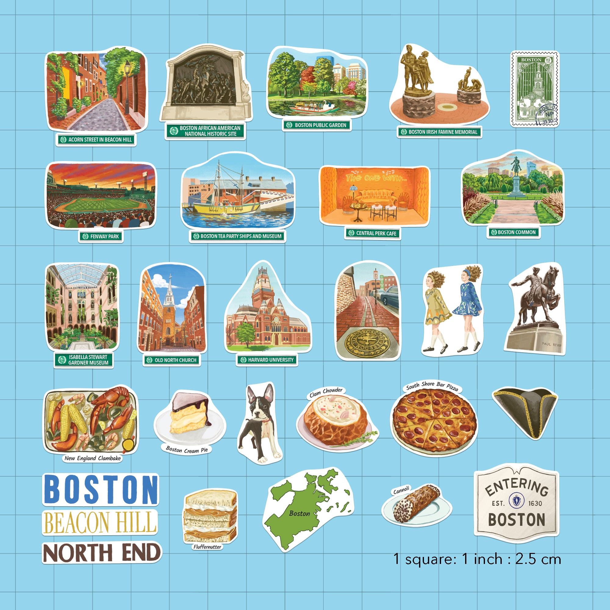 The uncut Boston sticker sheet on a pale blue grid backing, one inch per square, showing each die-cut piece true size