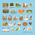 The uncut Boston sticker sheet on a pale blue grid backing, one inch per square, showing each die-cut piece true size