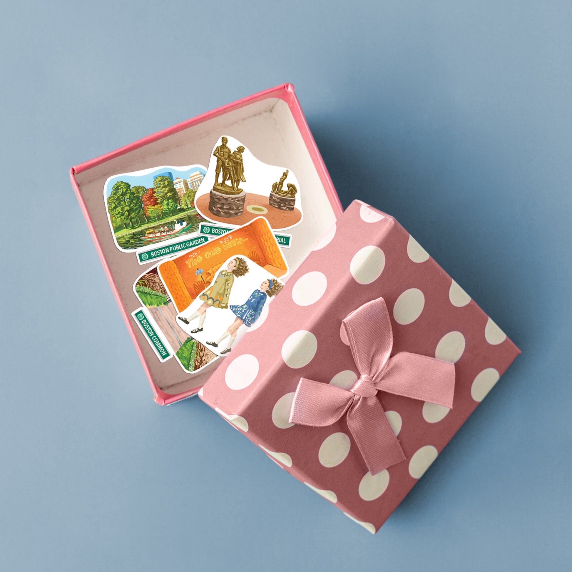 Public Garden and Irish Famine Memorial stickers in an open pink polka-dot gift box on pale blue