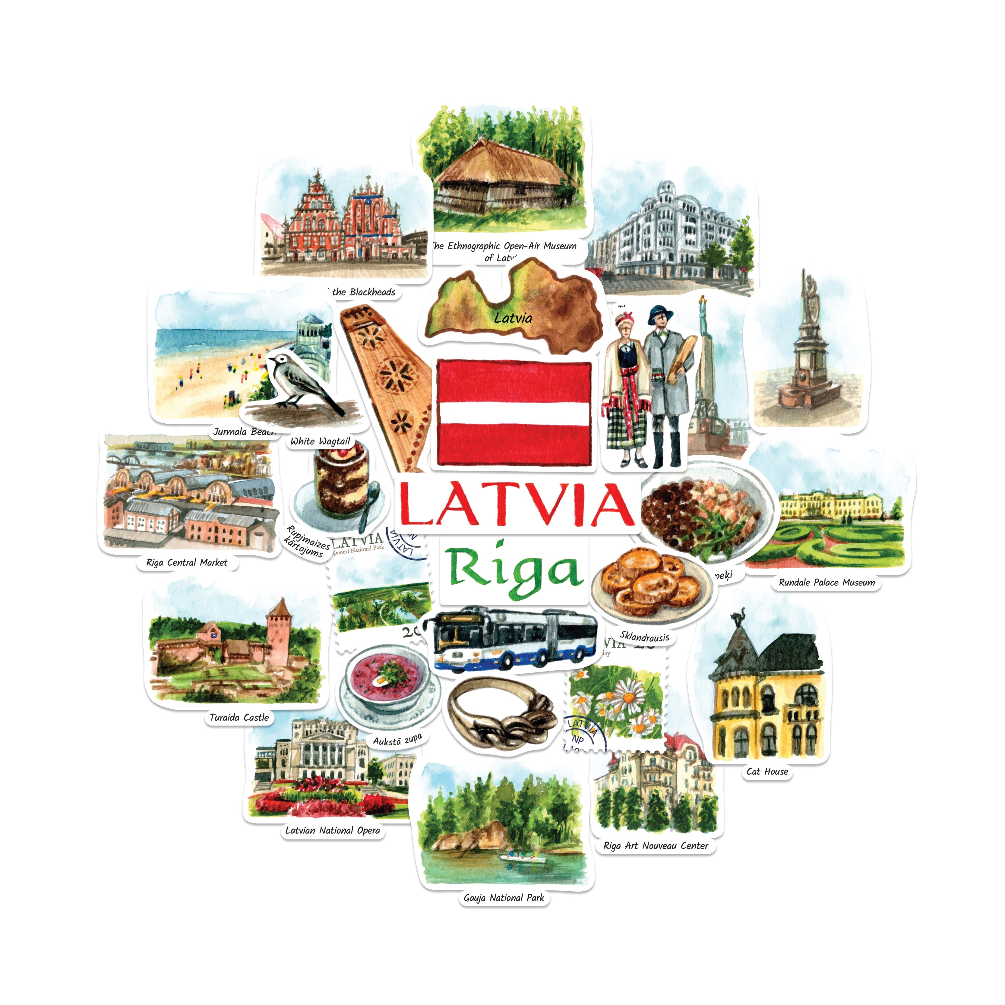 Leafy Latvia Travel Stickers (28pcs)