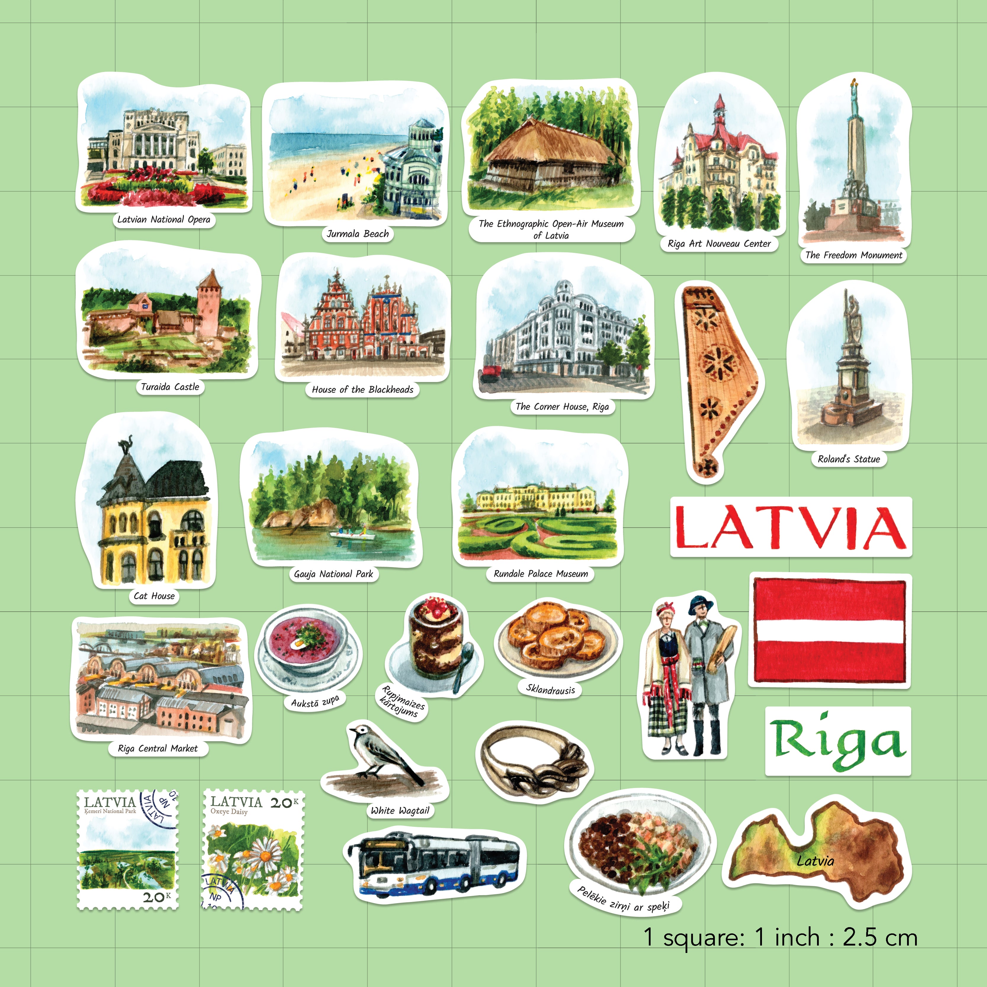Leafy Latvia Travel Stickers (28pcs)