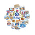 Full set of Santorini stickers: a blue-domed church, Oia, Akrotiri Lighthouse, a Greek salad and an evil eye
