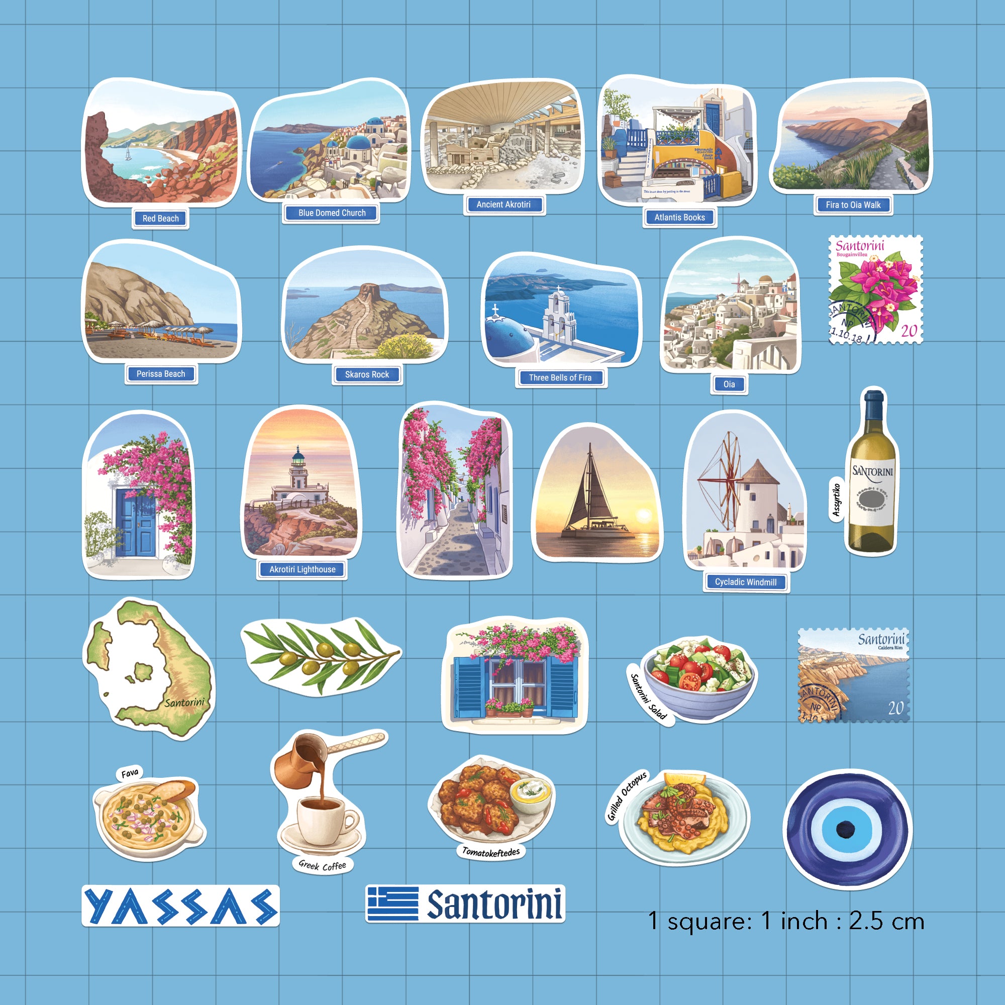 Uncut Santorini sticker sheet on a blue grid backing, one inch per square, showing each die-cut piece at true size