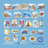 Uncut Santorini sticker sheet on a blue grid backing, one inch per square, showing each die-cut piece at true size