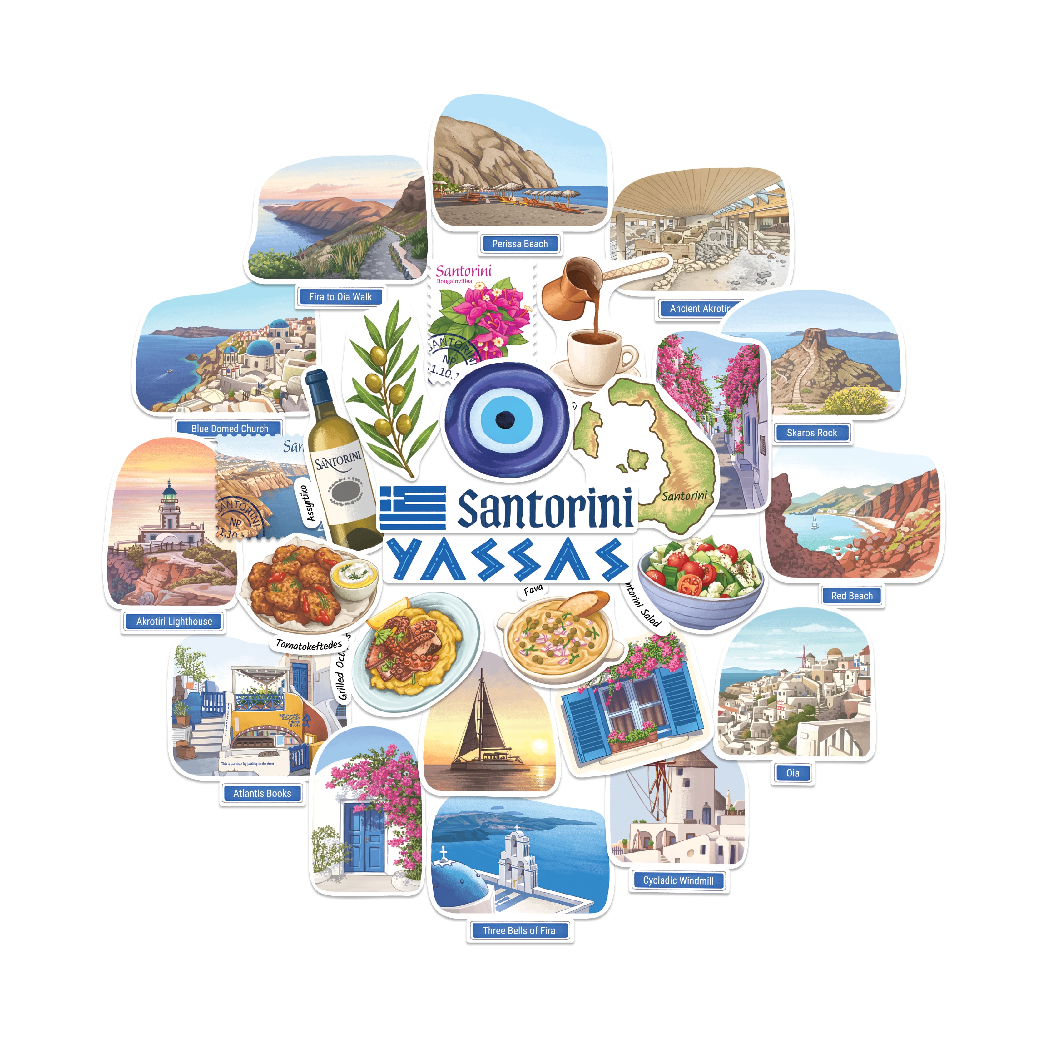 Sunlit Santorini Travel Stickers (28pcs)
