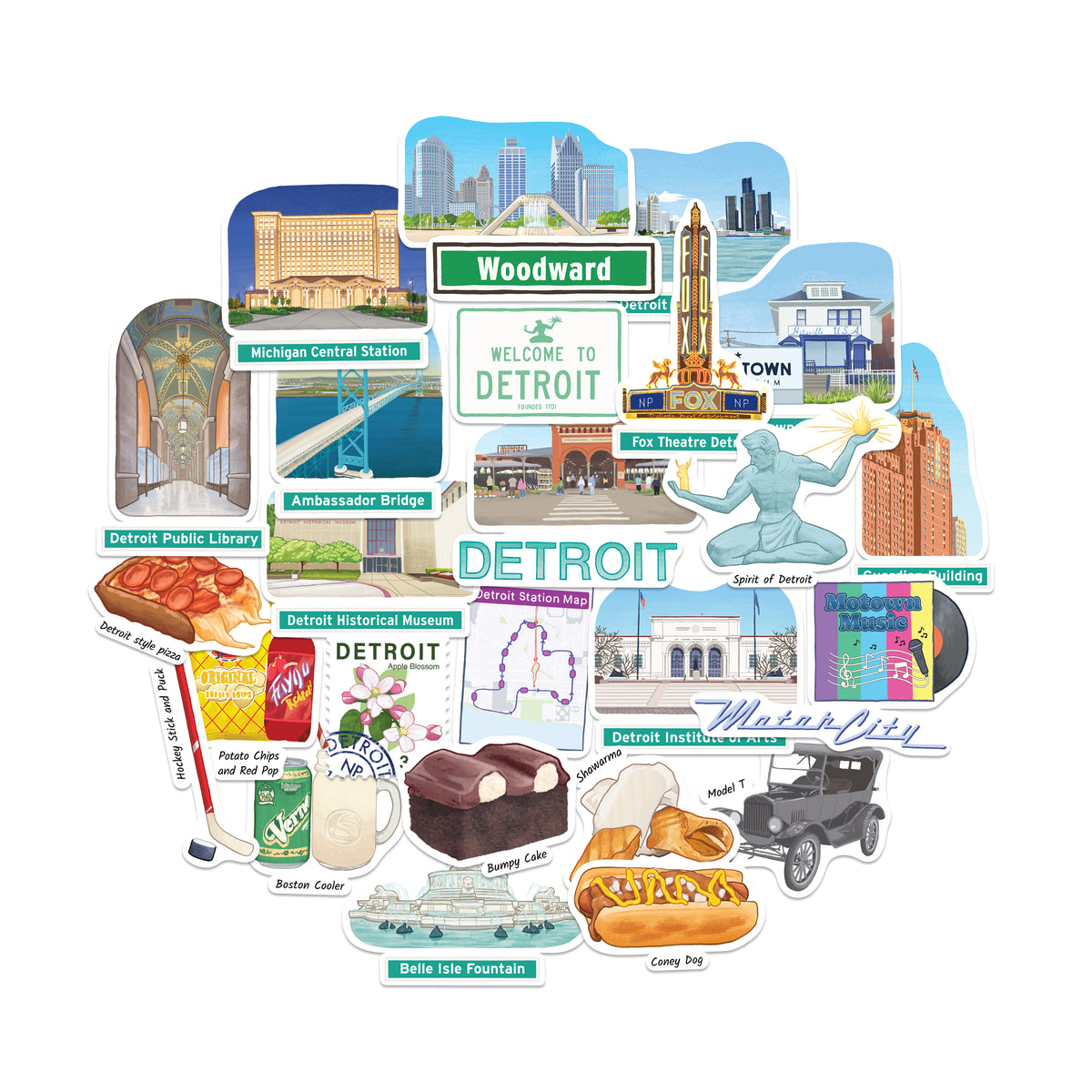 A collection of Detroit-themed die-cut stickers arranged in a cluster on a white background, featuring landmarks, food, sports, and cultural elements with labels such as Woodward, Michigan Central Station, Ambassador Bridge, and the Detroit Lions.