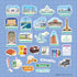 A sheet of Detroit-themed die-cut stickers arranged on a light blue grid background. The stickers depict landmarks, food, transportation, sports, and cultural icons with Detroit text labels.