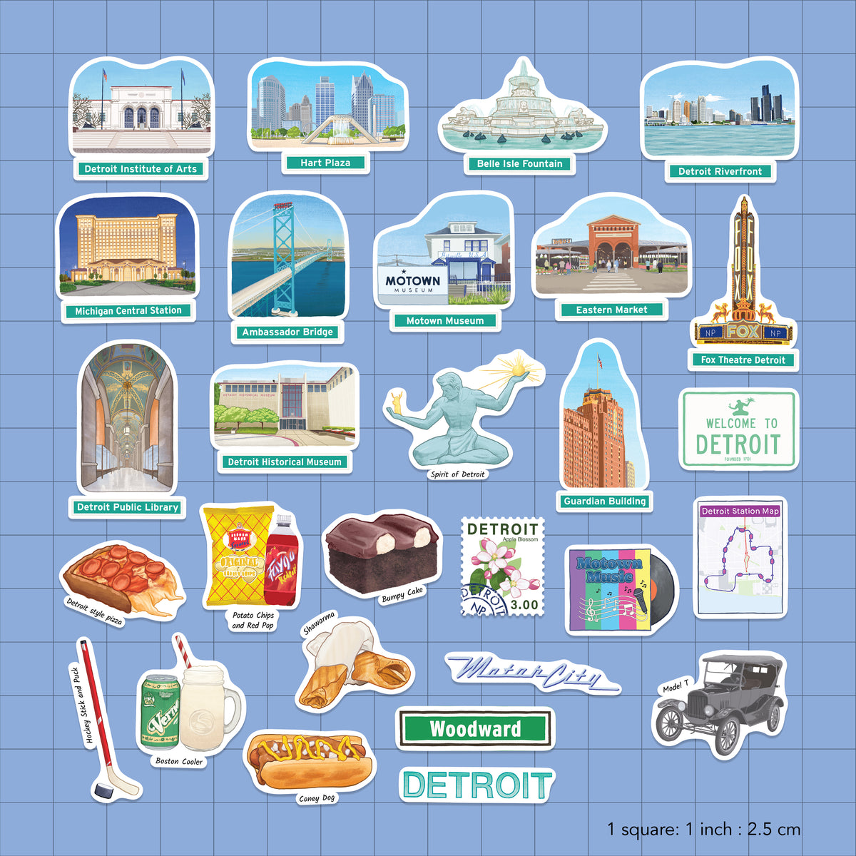 A sheet of Detroit-themed die-cut stickers arranged on a light blue grid background. The stickers depict landmarks, food, transportation, sports, and cultural icons with Detroit text labels.