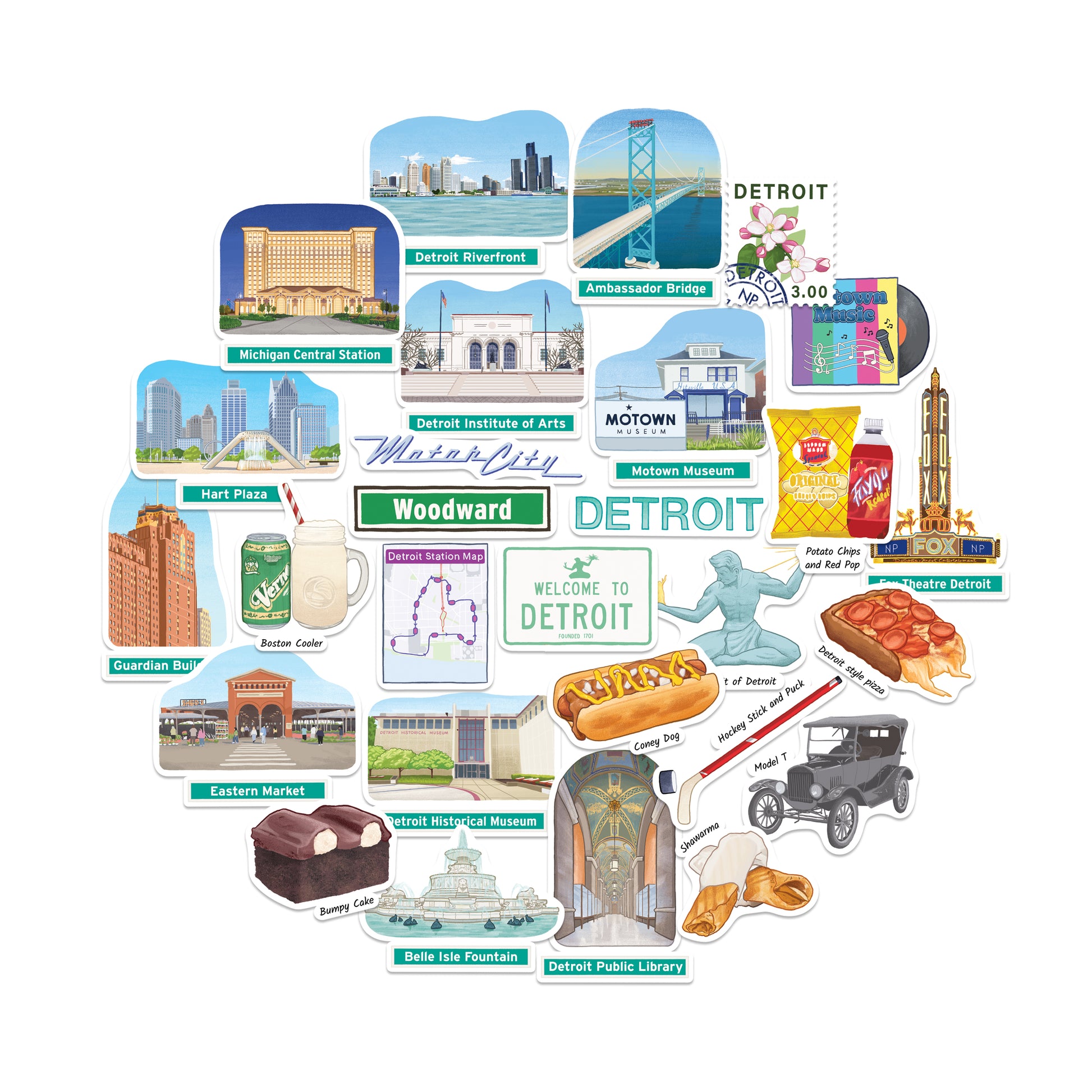 Driven Detroit City Travel Stickers (28pcs)